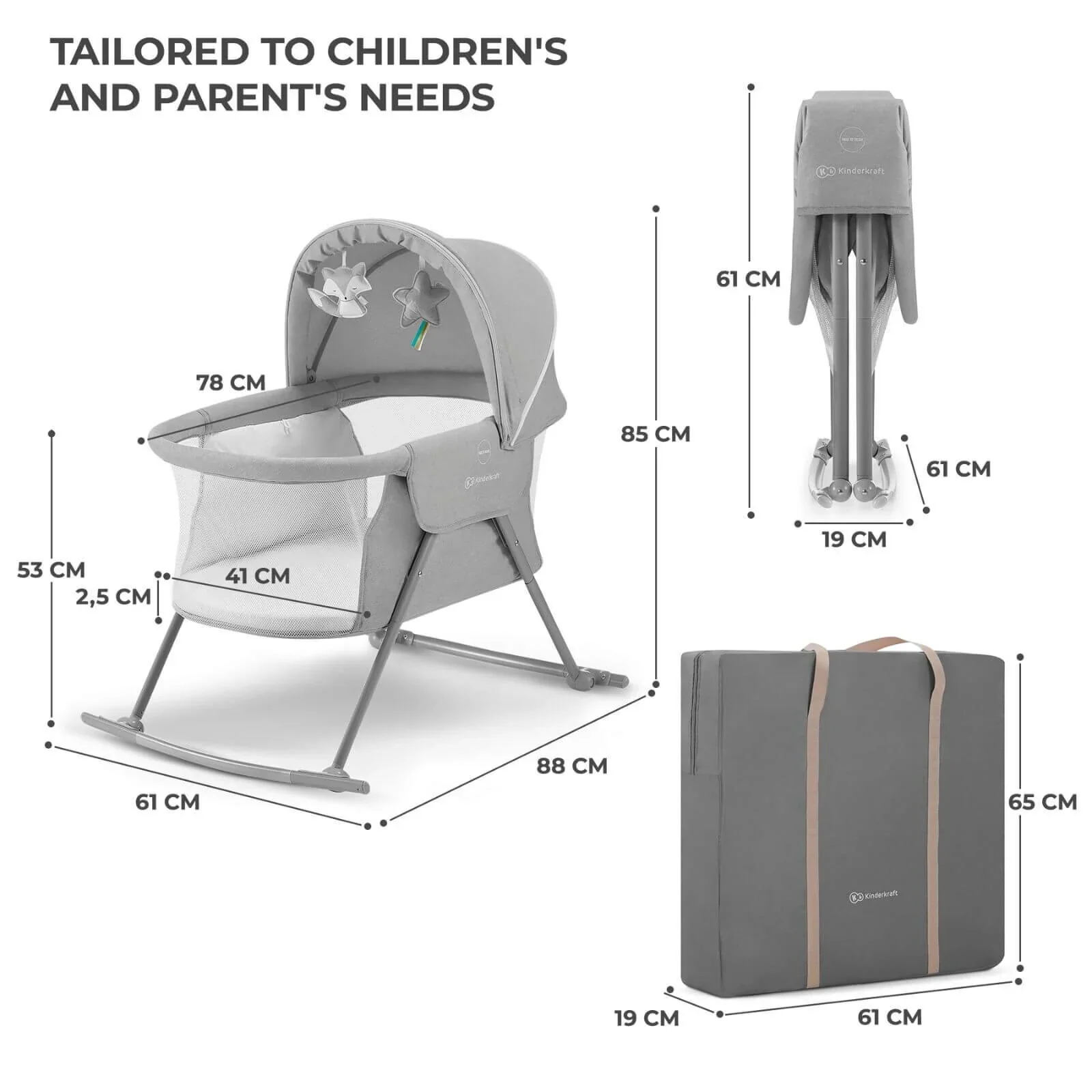 Kinderkraft Lovi 3-in-1 Baby Crib - Grey - Image 9