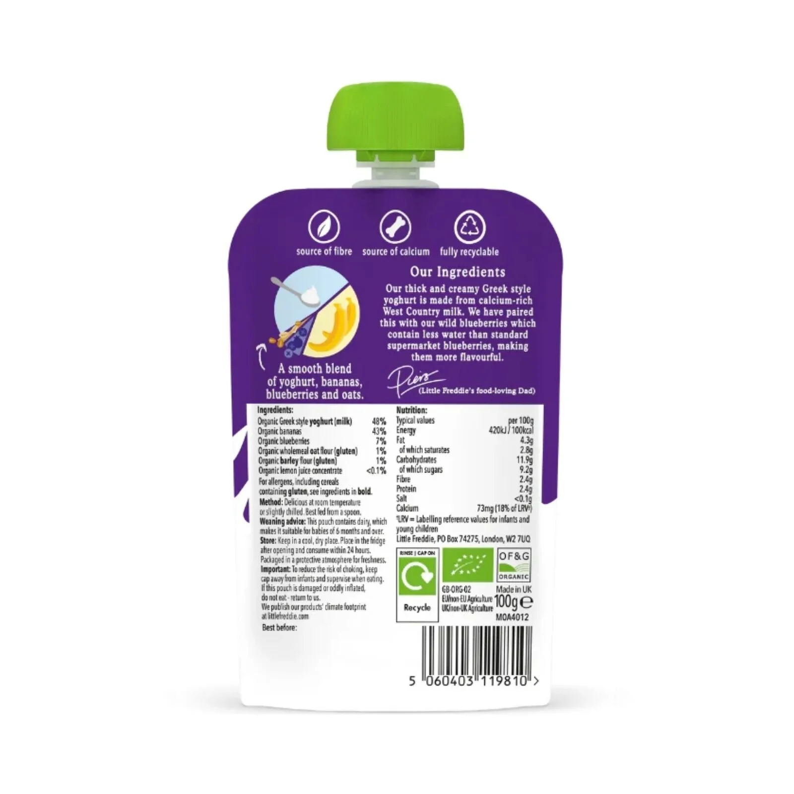 Little Freddie Organic Blueberry & Banana Yoghurt Baby Food Pouch Multipack 6+ months 600g (6x100g) - Image 5
