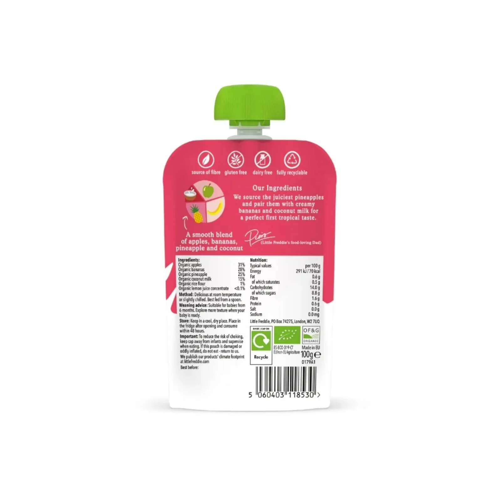 Little Freddie Organic Good for Brains Coconut & Tropical Fruits Baby Food Pouch with Omega 3 6+ months 100g - Image 2