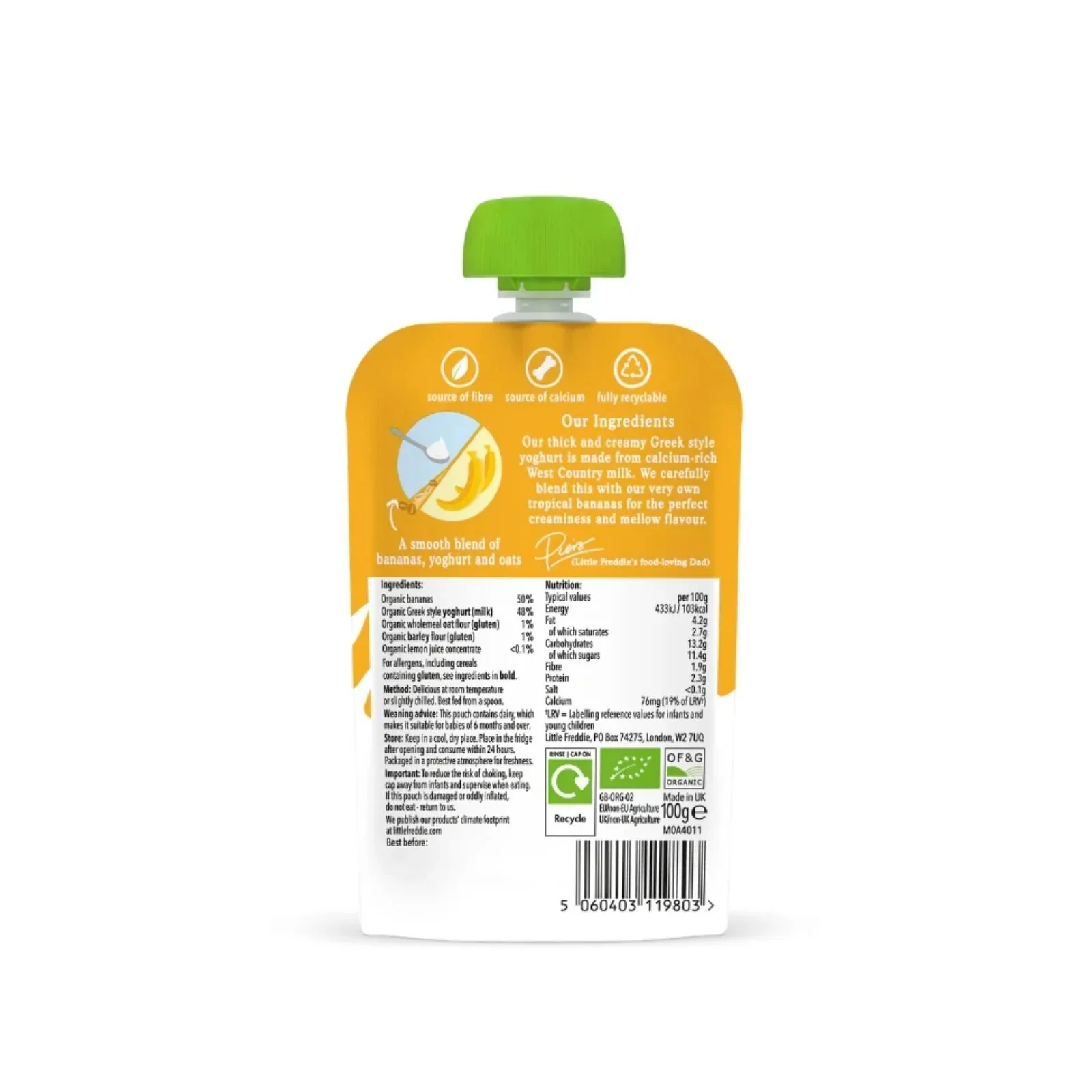 Little Freddie Organic Banana Greek Style Yoghurt Baby Food Pouch 6+ months 100g - Image 2
