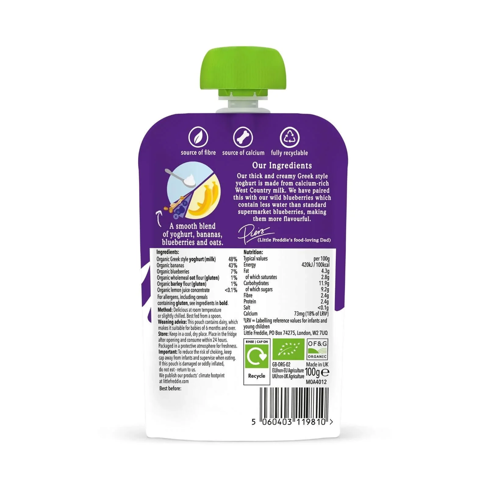 Little Freddie Organic Blueberry & Banana Greek Style Yoghurt Baby Food Pouch 6+ months 100g - Image 2