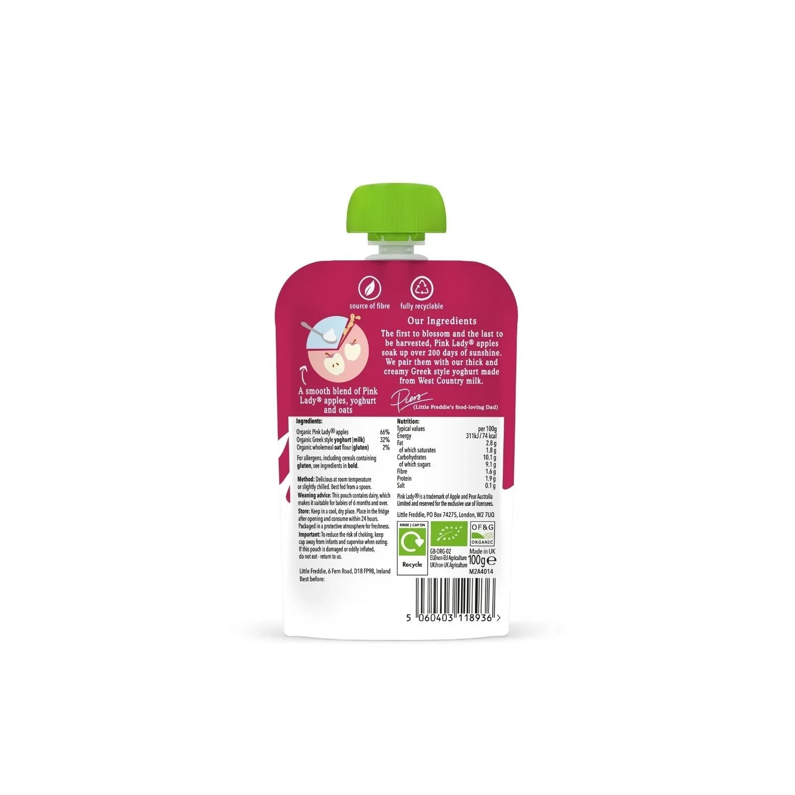 Little Freddie Organic Pink Lady Apple Greek Style Yoghurt Baby Food Pouch 6+ months 100g - Image 3