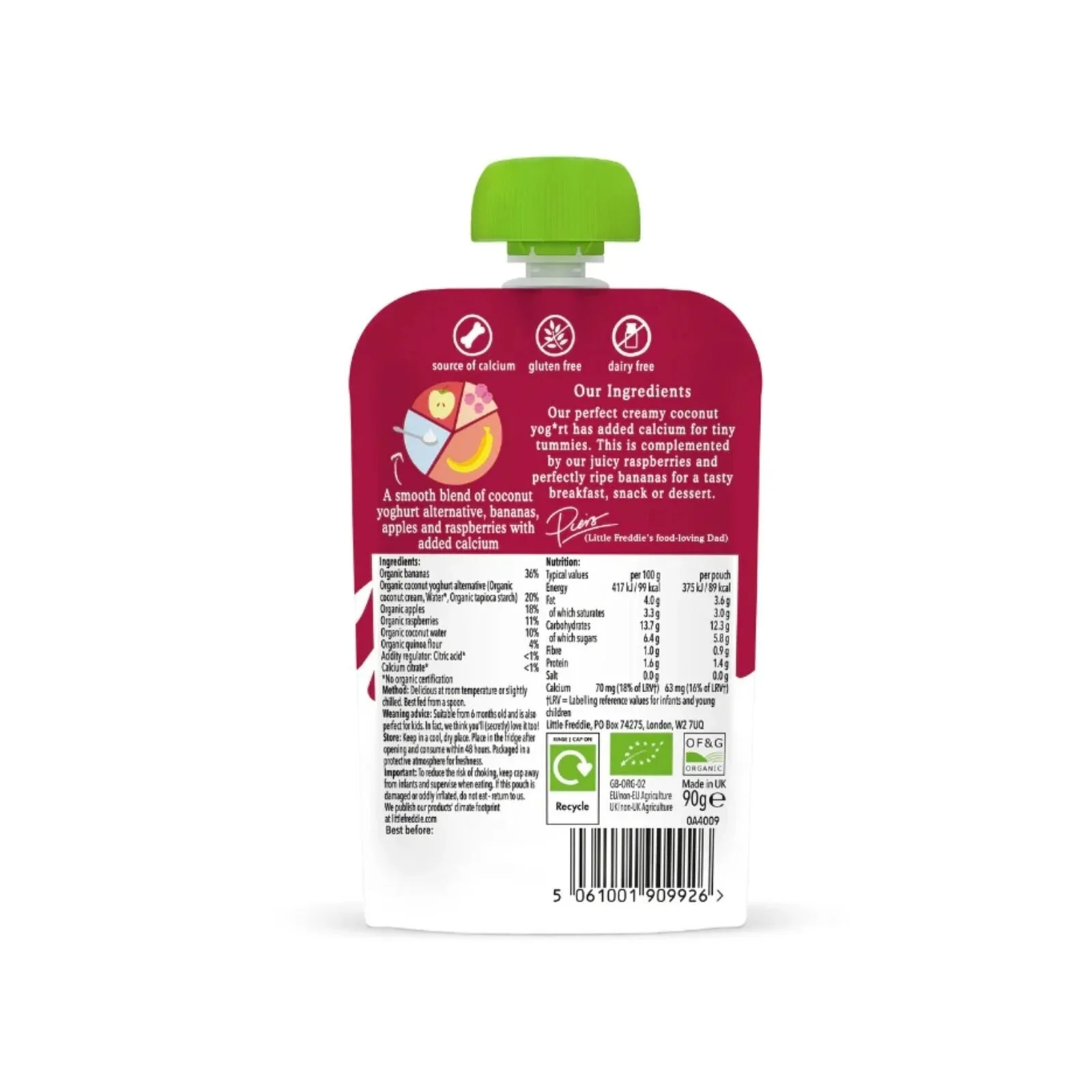 Little Freddie Organic Dairy Free Banana & Raspberry Yoghurt Baby Food Pouch 6+ months 90g - Image 2