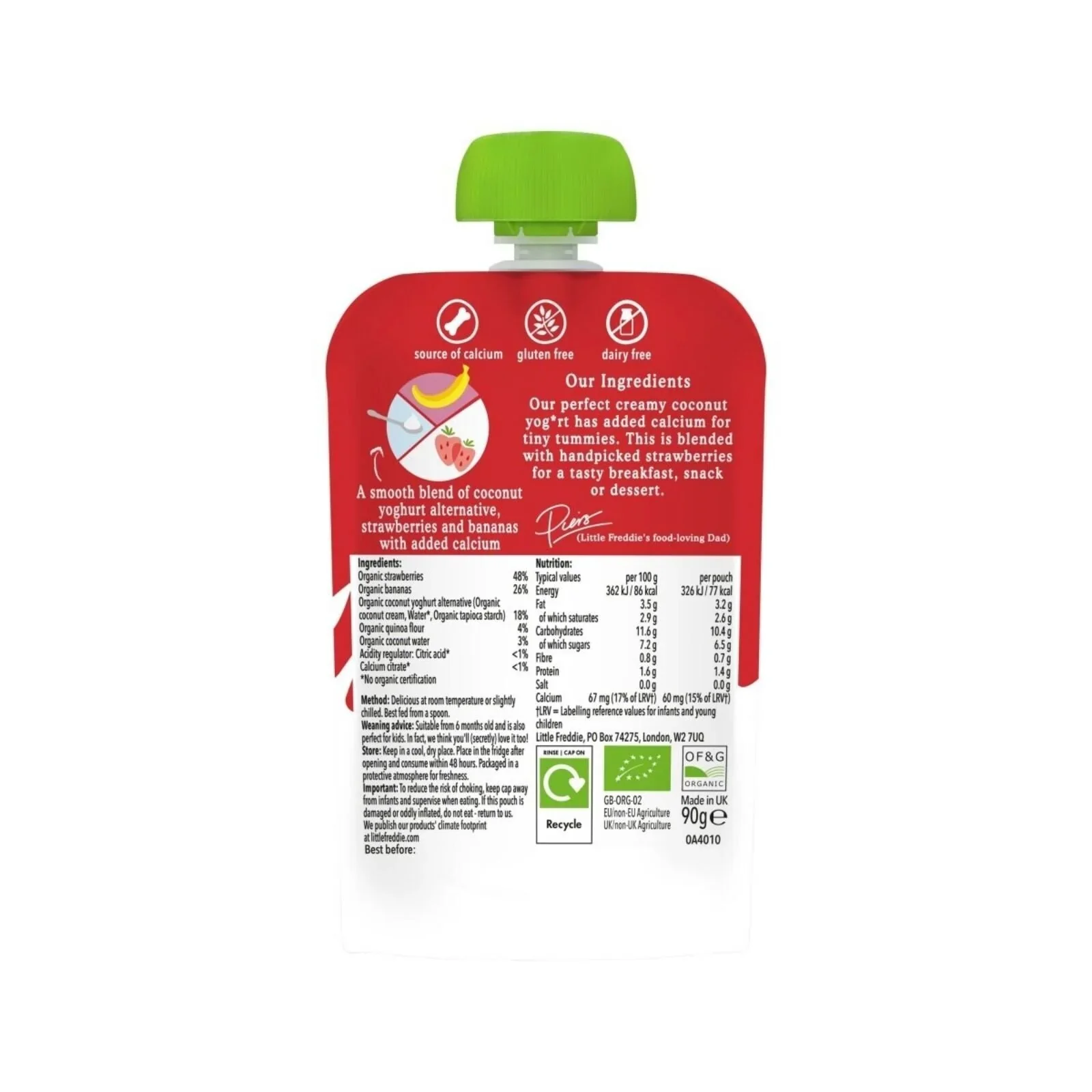 Little Freddie Organic Dairy Free Strawberry Yoghurt Baby Food Pouch 6+ months 90g - Image 2