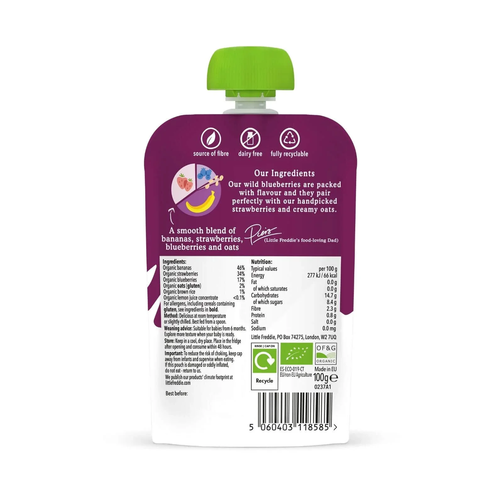 Little Freddie Organic Strawberries Blueberries & Oats Baby Food Pouch 6+ months 100g - Image 2