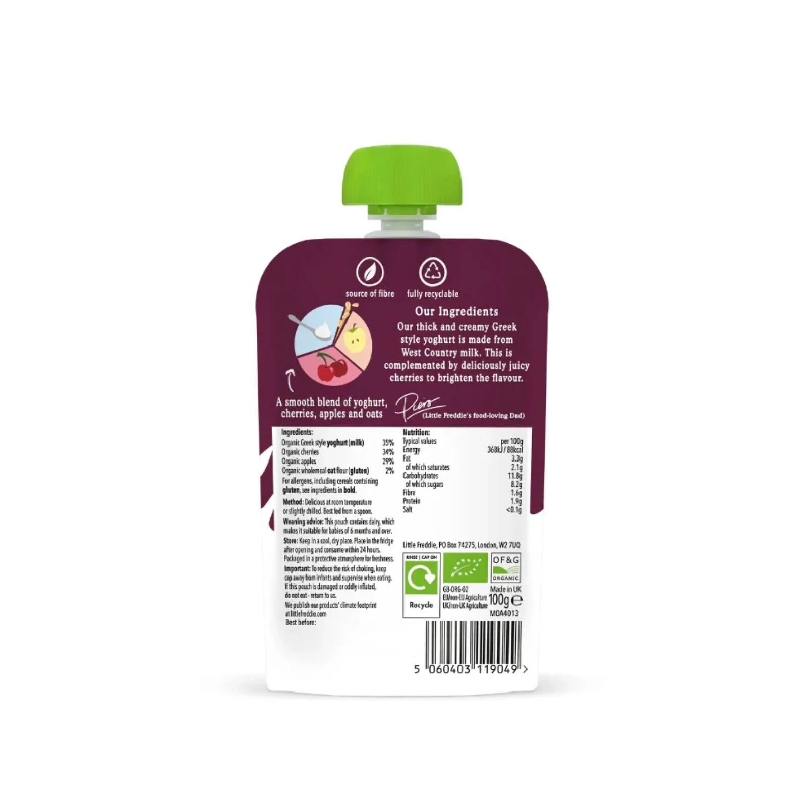Little Freddie Organic Cherry Greek Style Yoghurt Baby Food Pouch 6+ months 100g - Image 2