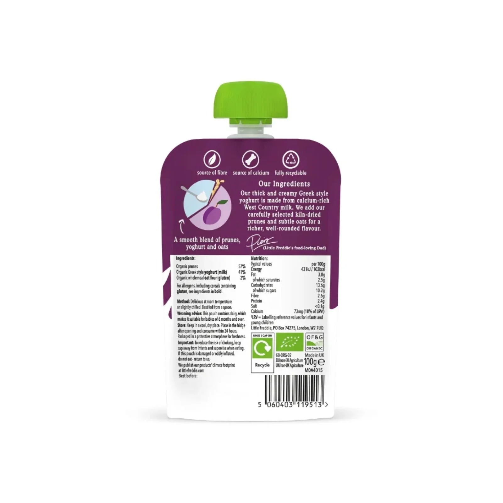 Little Freddie Organic Prune Greek Style Yoghurt with Oats Baby Food Pouch 6+ months 100g - Image 2