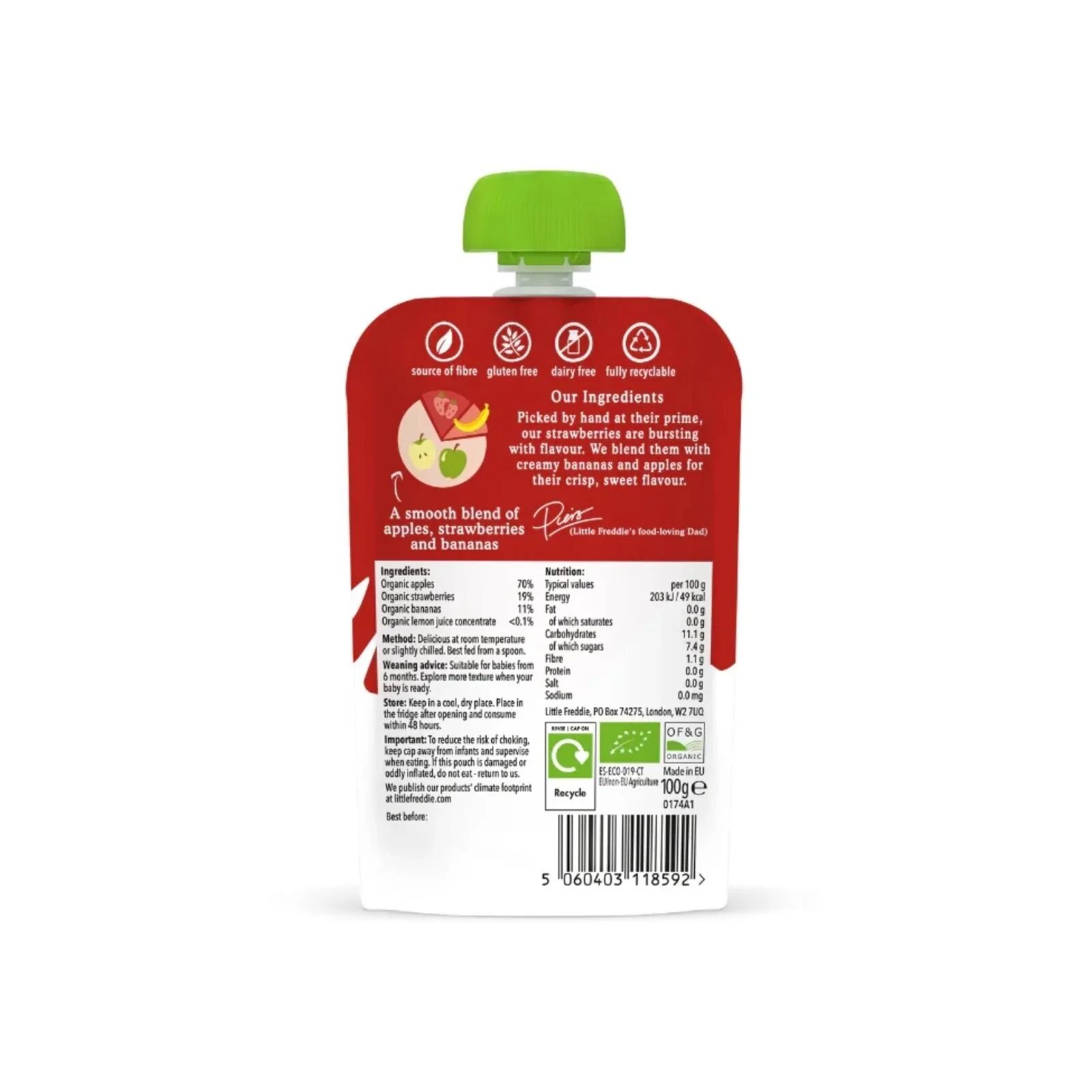 Little Freddie Organic Good for Brains Strawberries Bananas & Apples Baby Food Pouch with Omega 3 6+ months 100g - Image 2