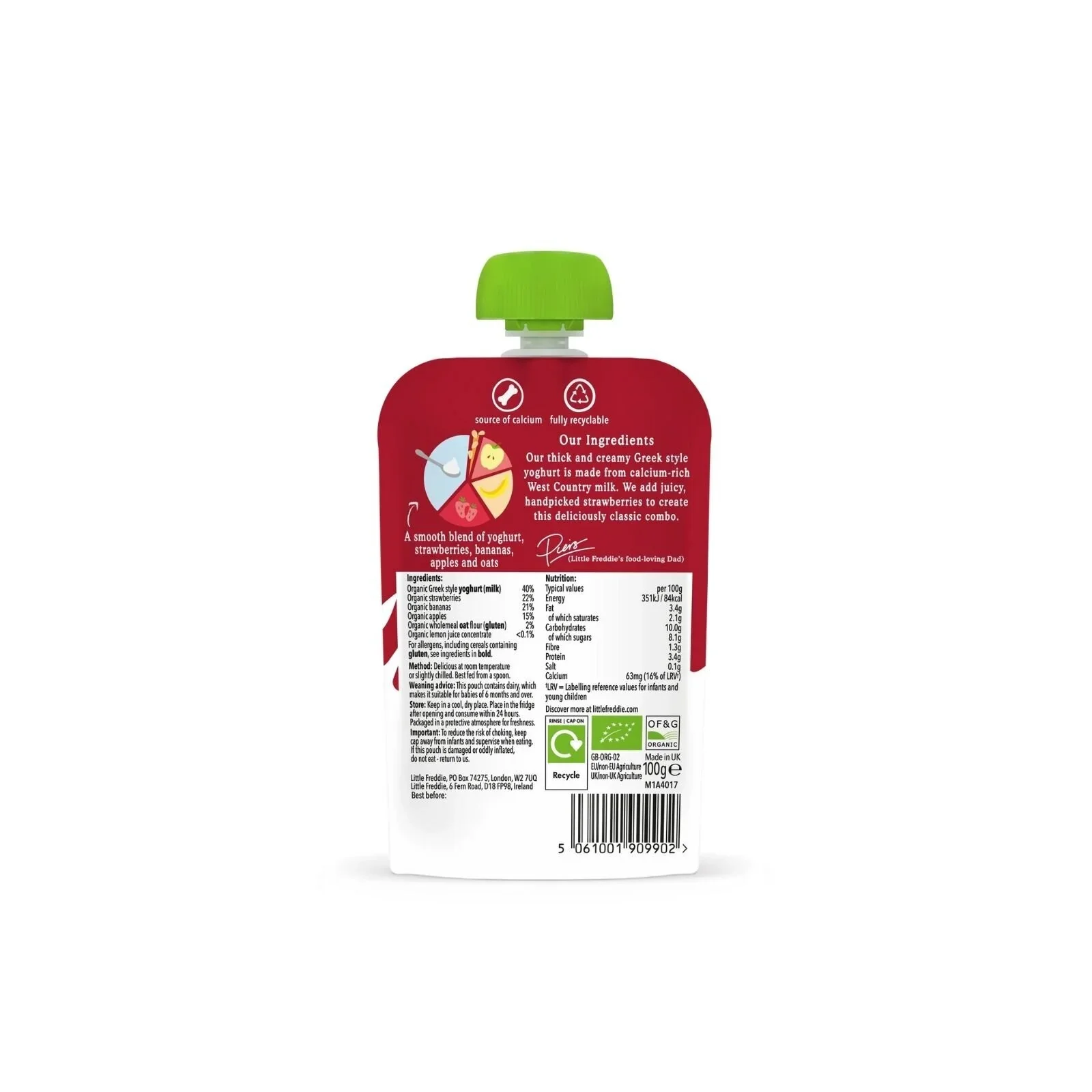 Little Freddie Organic Strawberry & Banana Greek Style Yoghurt Baby Food Pouch 6+ months 90g - Image 3