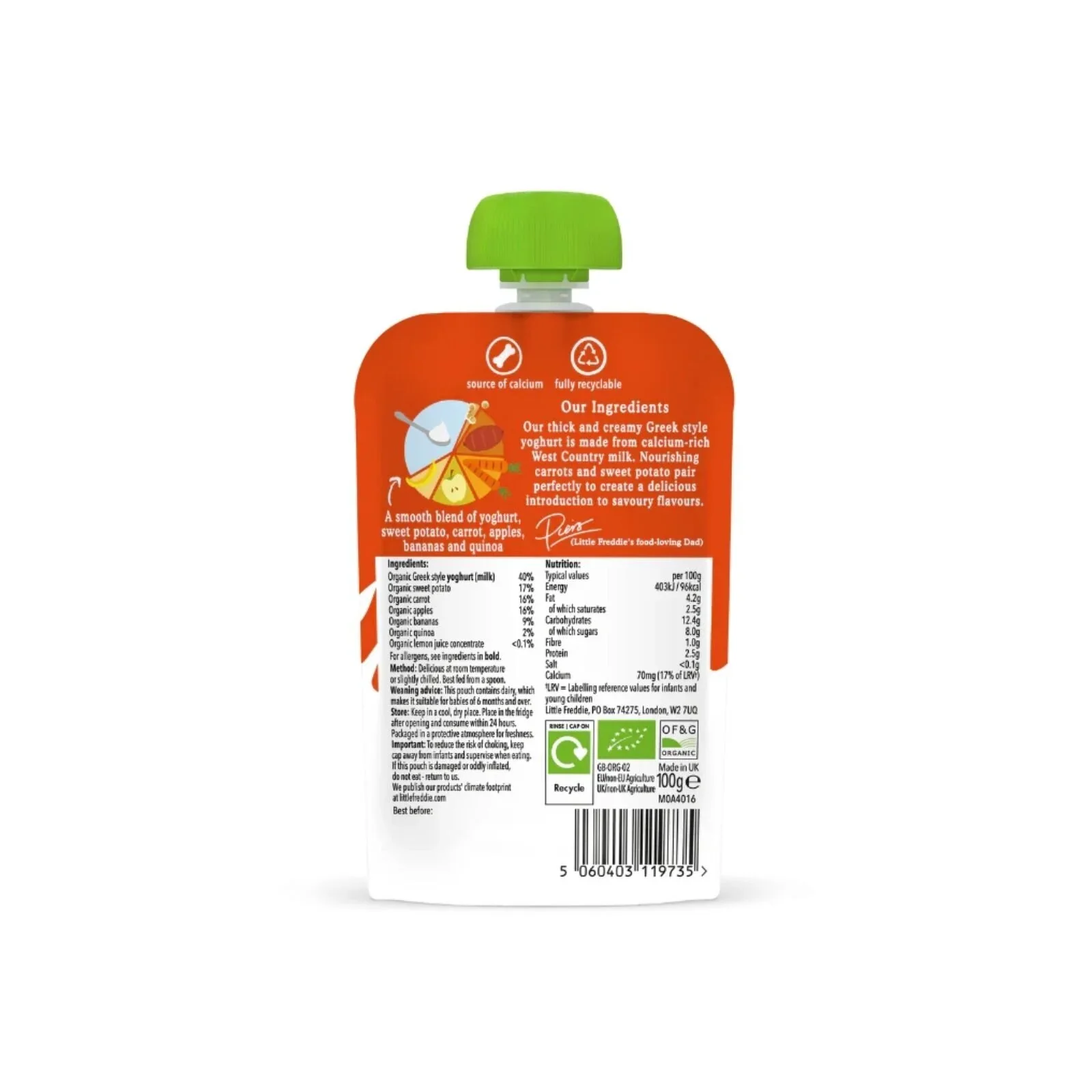 Little Freddie Organic Sweet Potato & Carrot Yoghurt Baby Food Pouch 6+ months 100g - Image 2