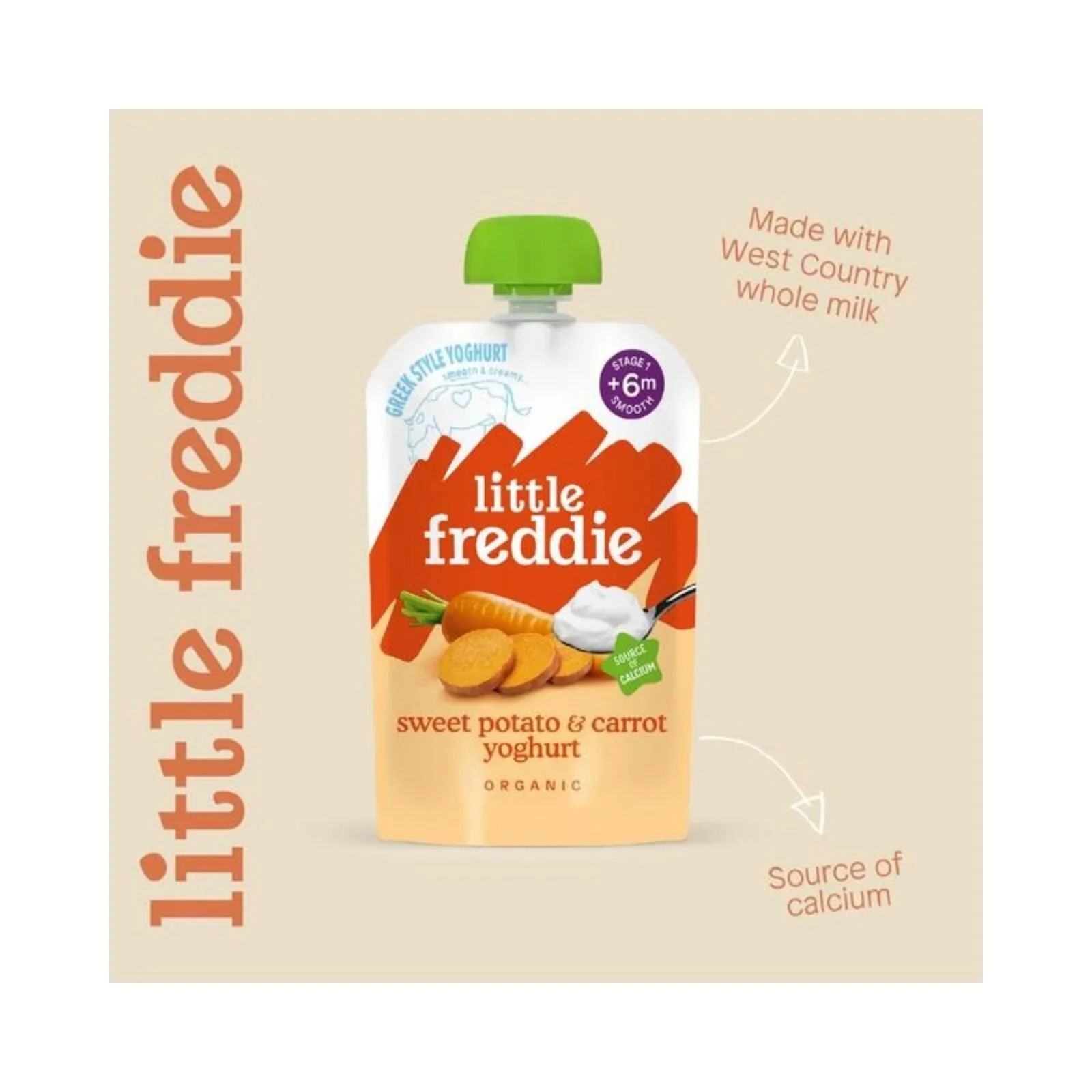 Little Freddie Organic Sweet Potato & Carrot Yoghurt Baby Food Pouch 6+ months 100g - Image 3
