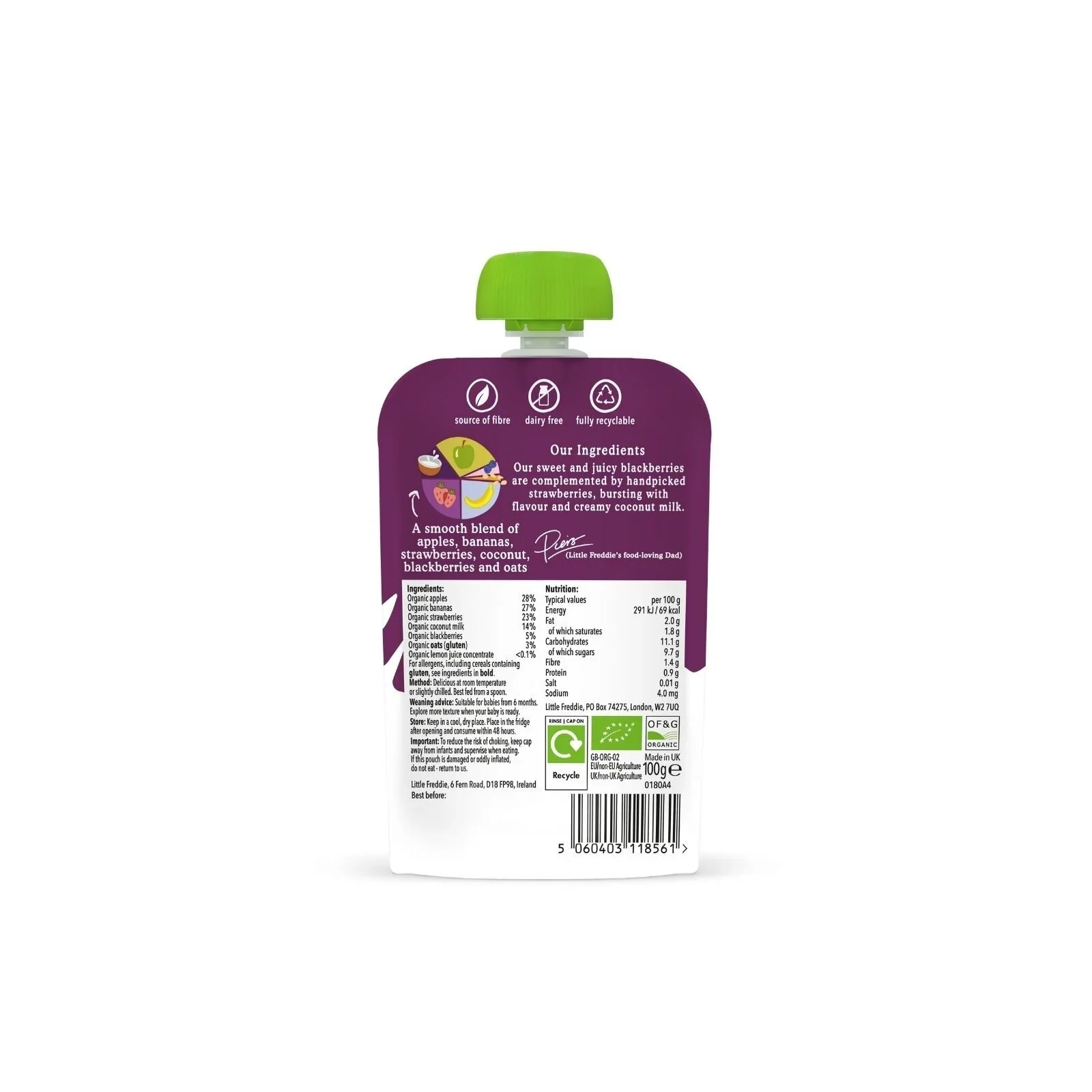 Little Freddie Organic Coconut & Summer Berries Baby Food Pouch 6+ months 100g - Image 3