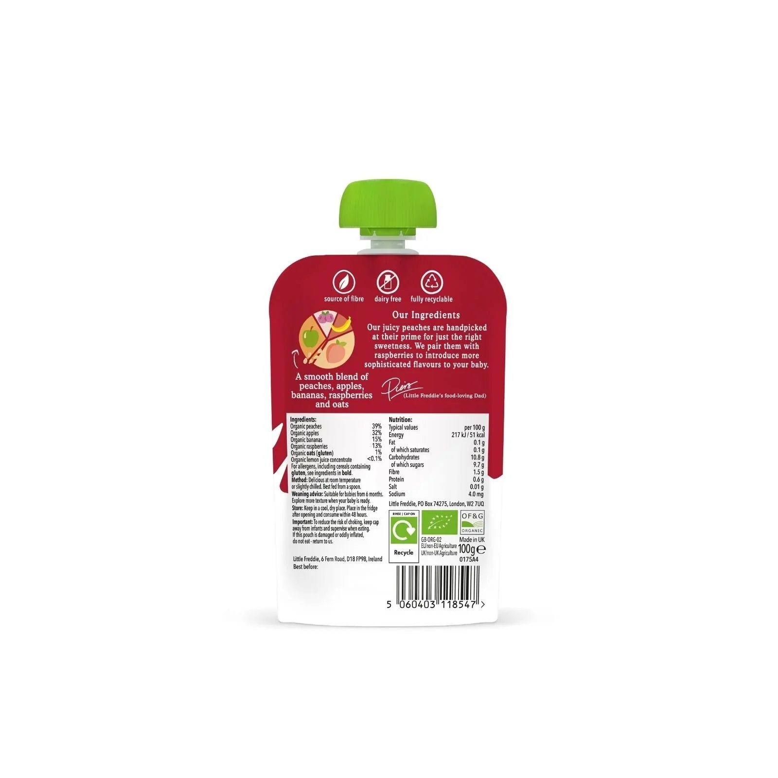 Little Freddie Organic Peaches & Raspberries Baby Food Pouch 6+ months 100g - Image 3
