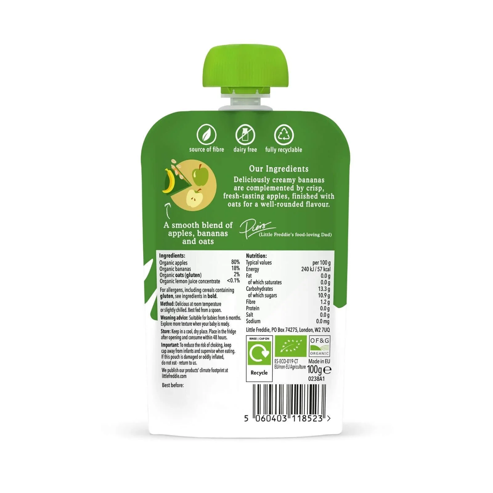 Little Freddie Organic Apples Bananas & Oats Baby Food Pouch 6+ months 100g - Image 2