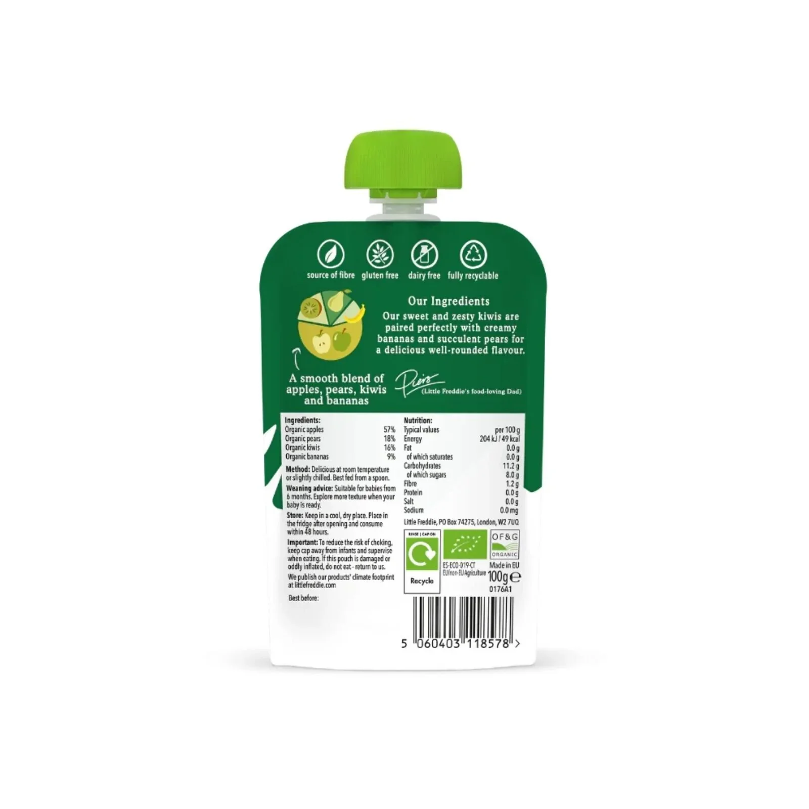 Little Freddie Organic Zesty Kiwis Bananas & Pear Baby Food Pouch 6+ months 100g - Image 2