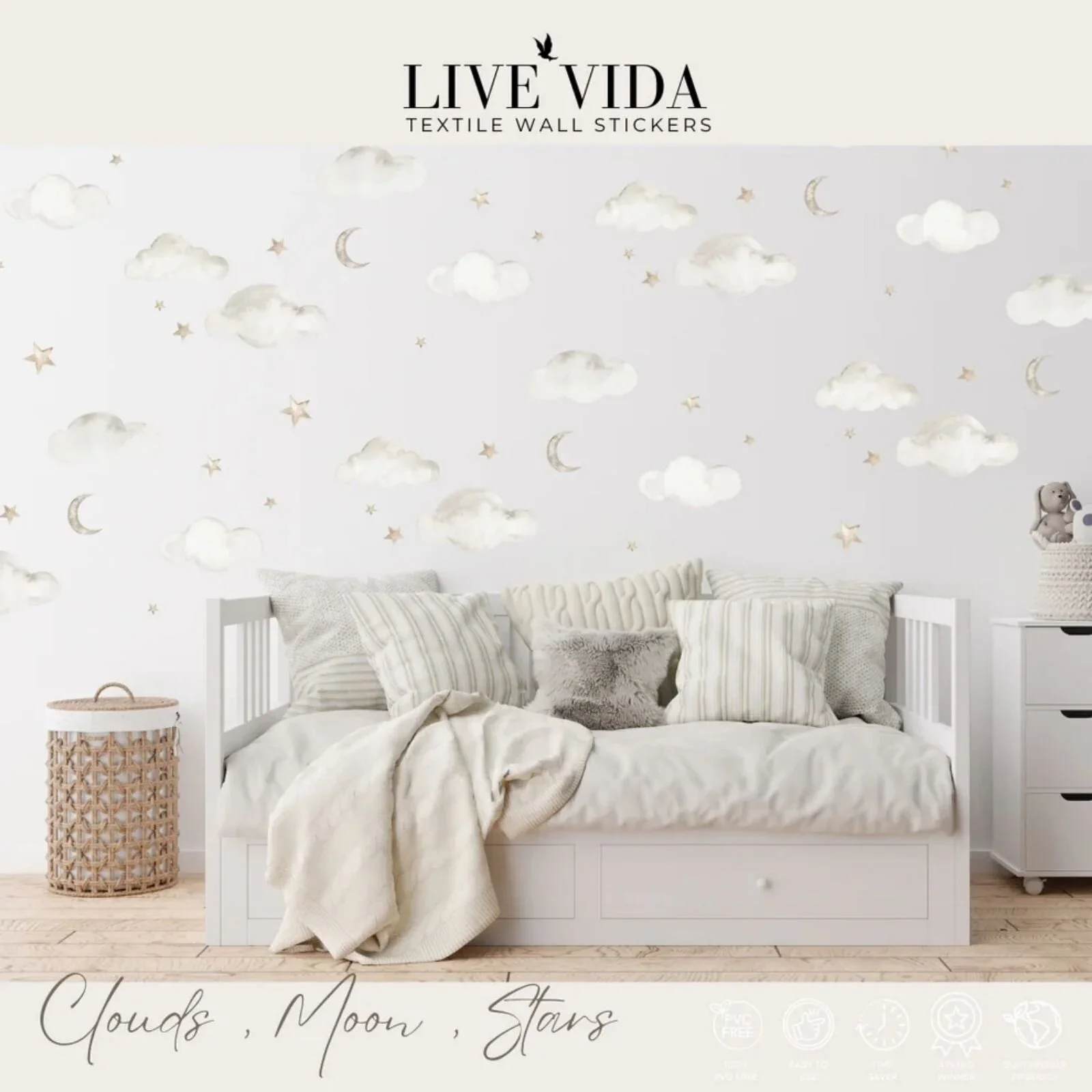 Live Vida Wall Stickers Cloud & Moon & Stars A4 - Image 2