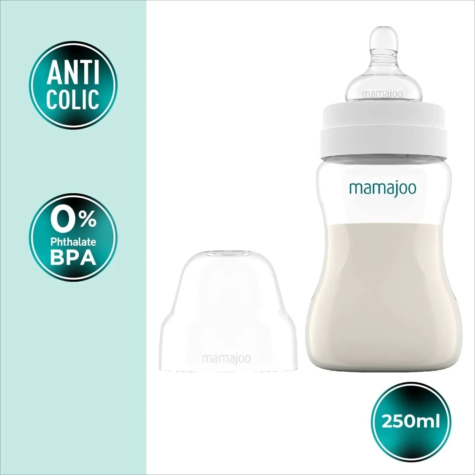 Mamajoo Anti-Colic PP Baby Bottle Medium Flow 6+ months 250ml - Silver - Image 2