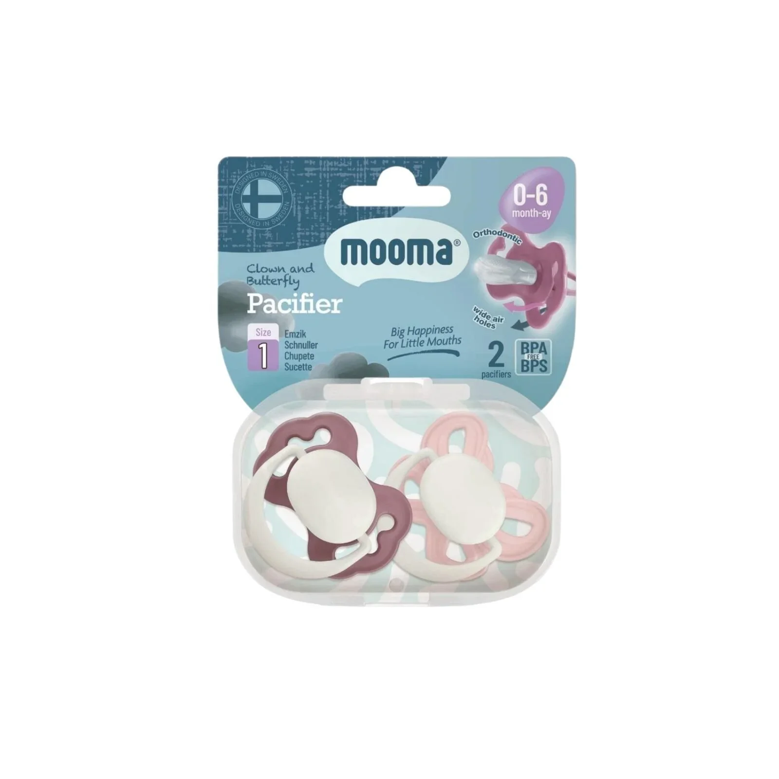 Mooma Clown & Butterfly Soothers 0-6 months Pack of 2 - Brownish Purple & Baby Pink - Image 2