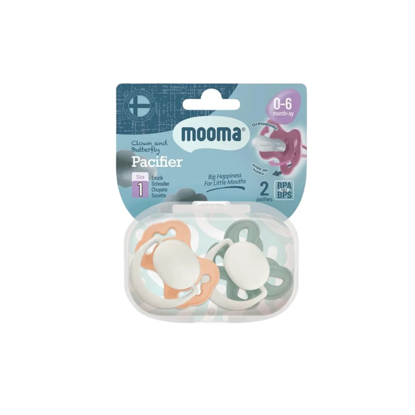 Mooma Clown & Butterfly Soothers 0-6 months Pack of 2 - Light Orange & River Green - Image 2