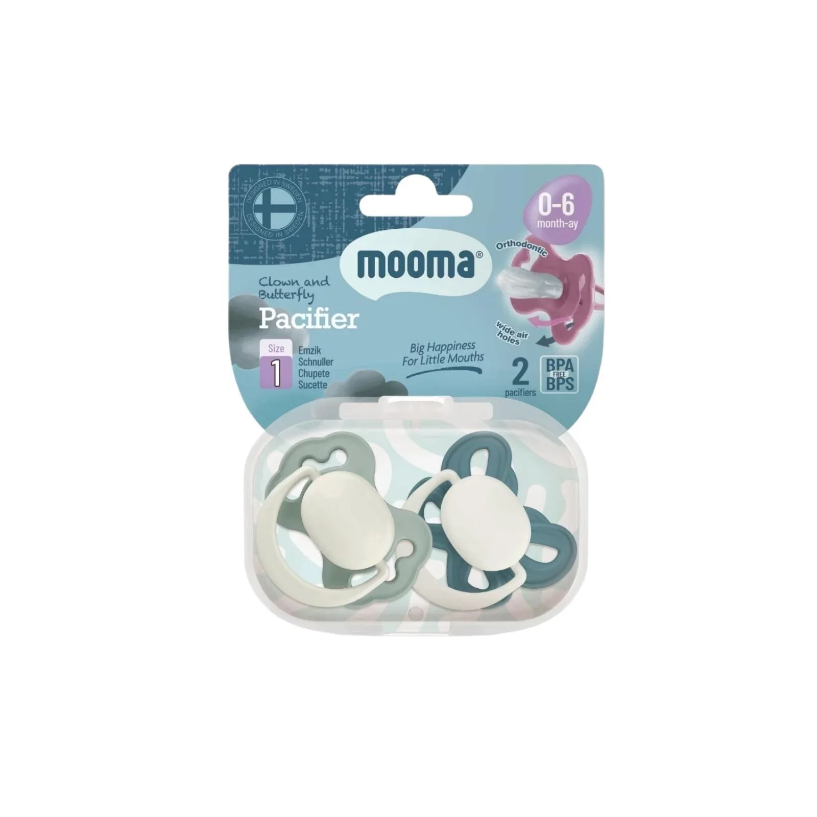 Mooma Clown & Butterfly Soothers 0-6 months Pack of 2 - River Green & Ball Blue - Image 2