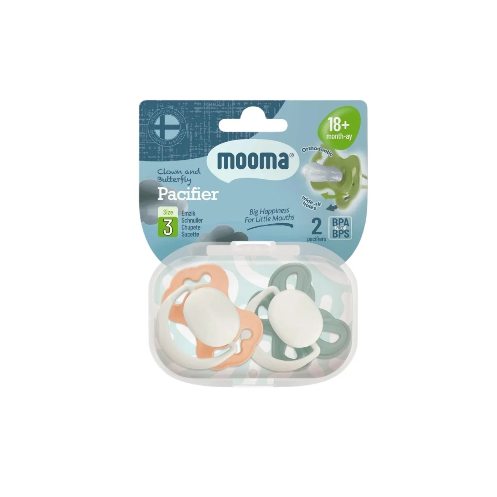 Mooma Clown & Butterfly Soothers 18+ months Pack of 2 - Light Orange & River Green - Image 2