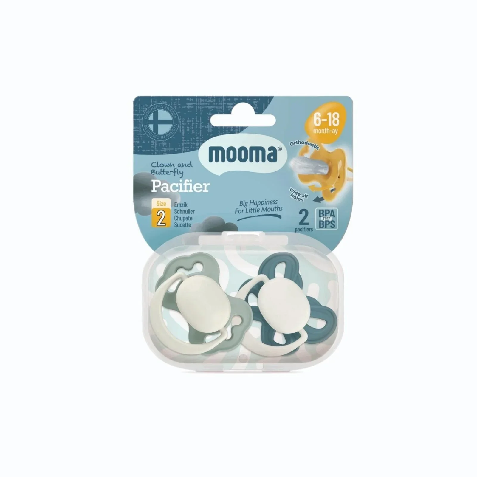 Mooma Clown & Butterfly Soothers 18+ months Pack of 2 - River Green & Ball Blue - Image 2