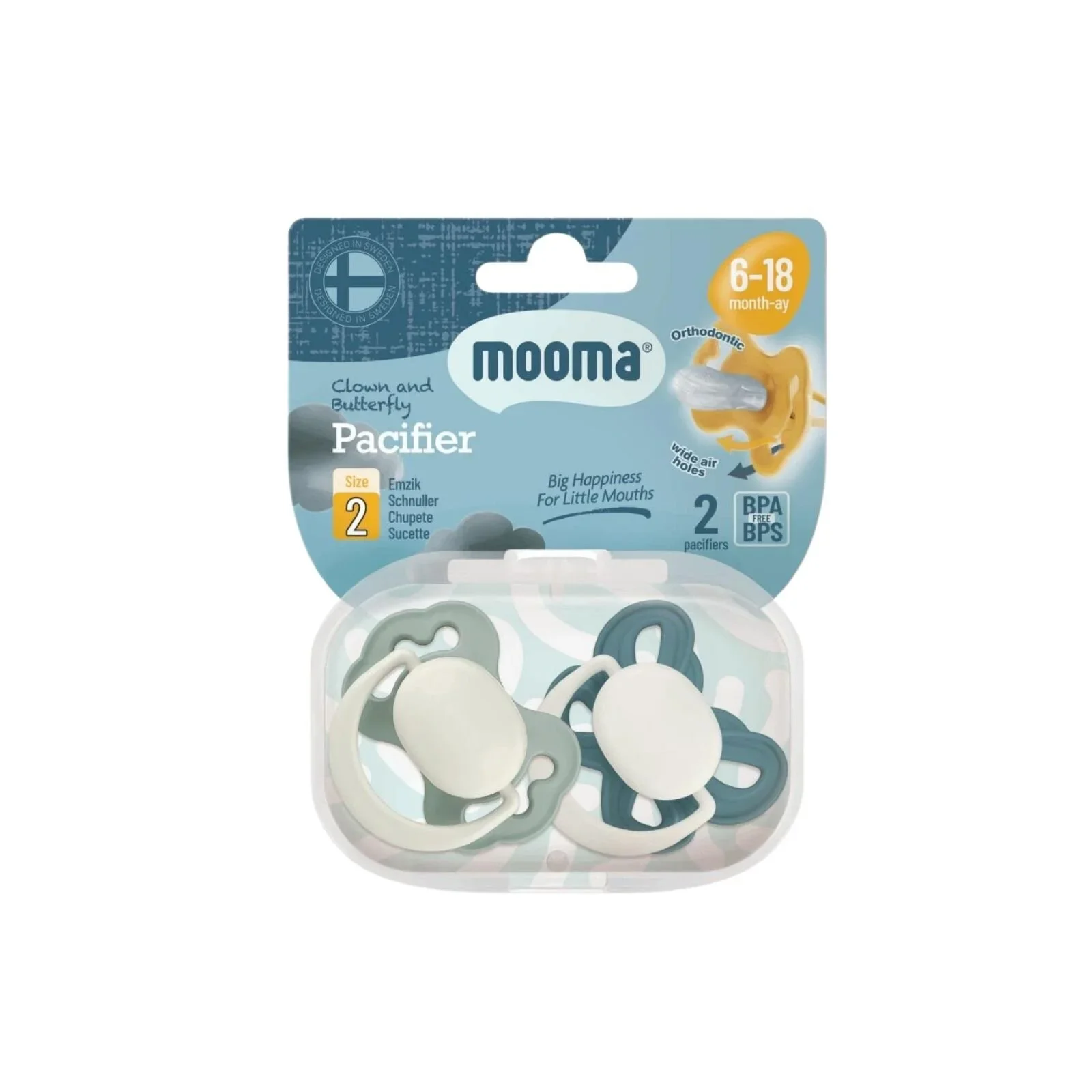 Mooma Clown & Butterfly Soothers 6-18 months Pack of 2 - River Green & Ball Blue - Image 2