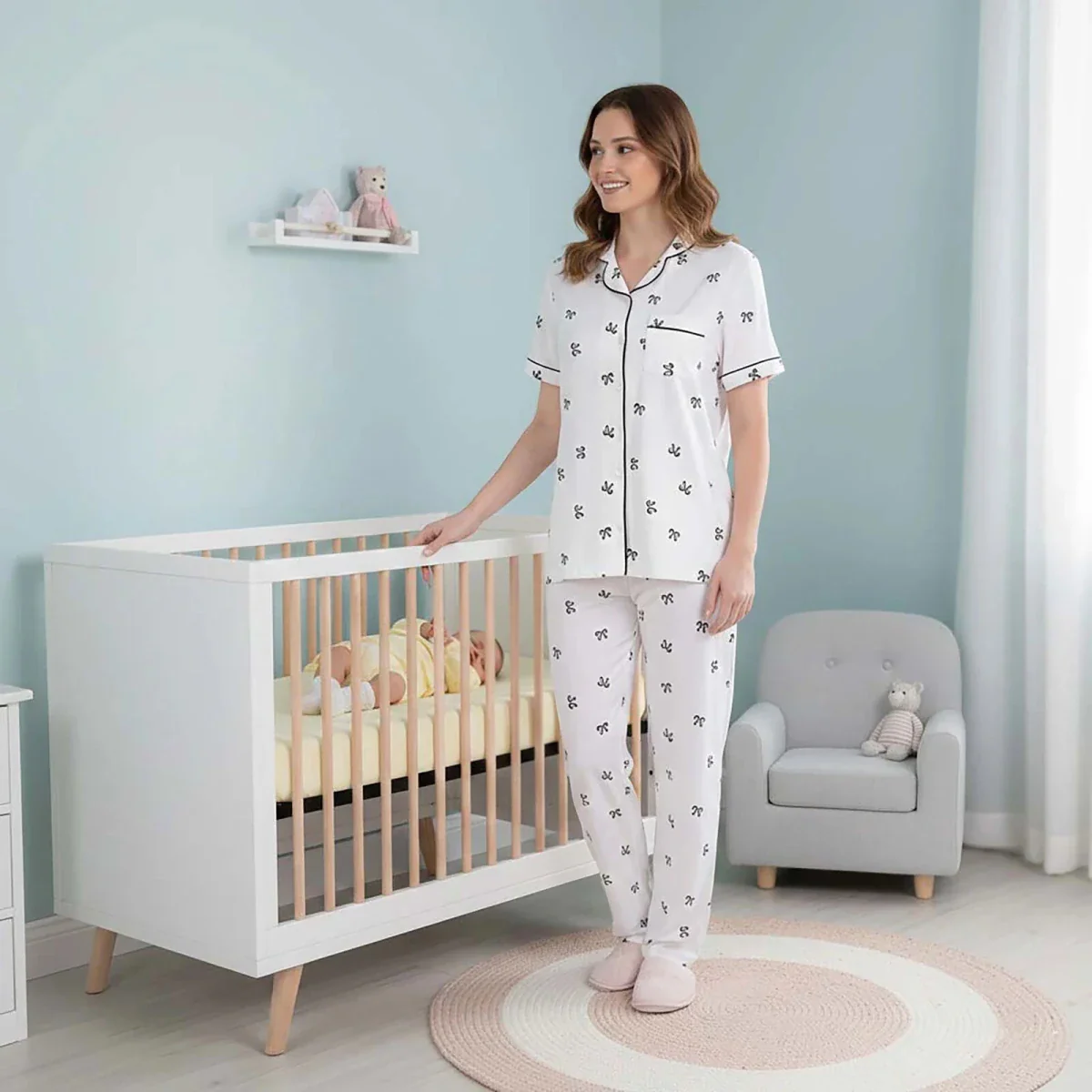 Mother Pyjama Set Bow Print Snap Fastening Shirt Collar - Ecru - Image 2
