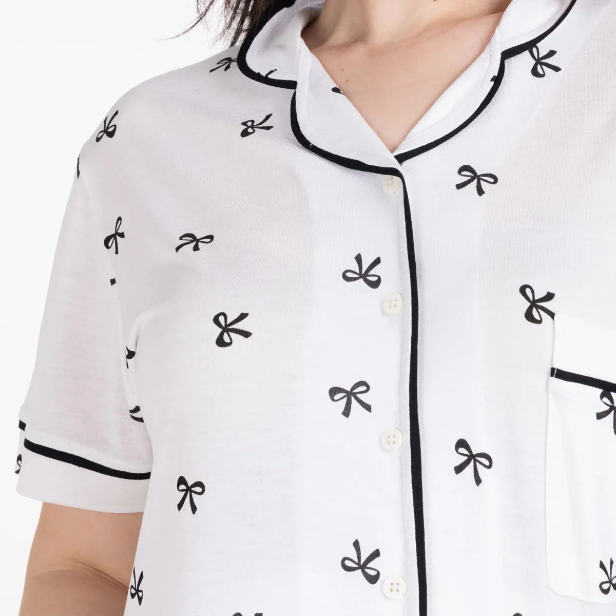 Mother Pyjama Set Bow Print Snap Fastening Shirt Collar - Ecru - Image 3