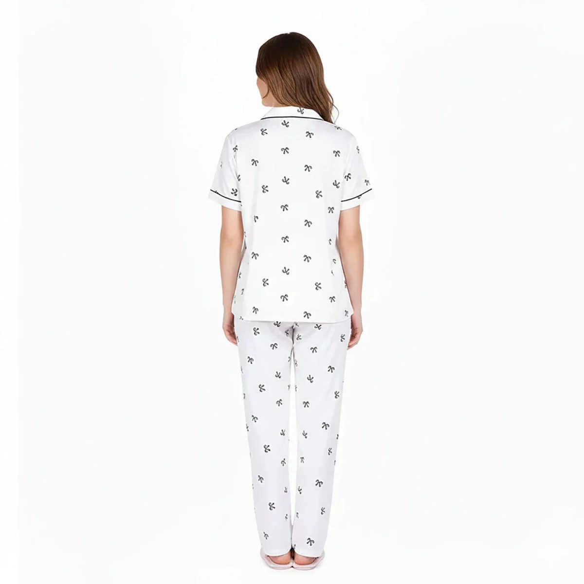 Mother Pyjama Set Bow Print Snap Fastening Shirt Collar - Ecru - Image 7