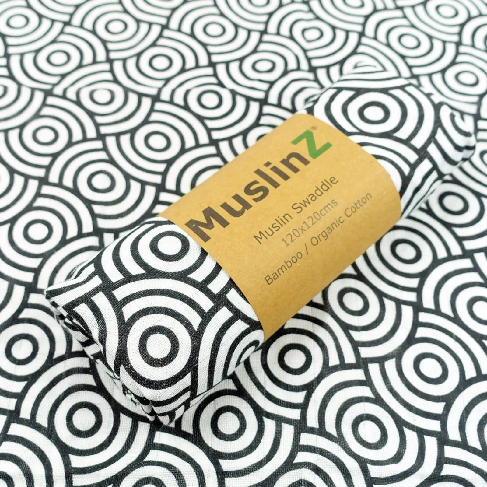 MuslinZ Bamboo/Organic Cotton Muslin Swaddle 120x120cm - Black Swirl - Image 2