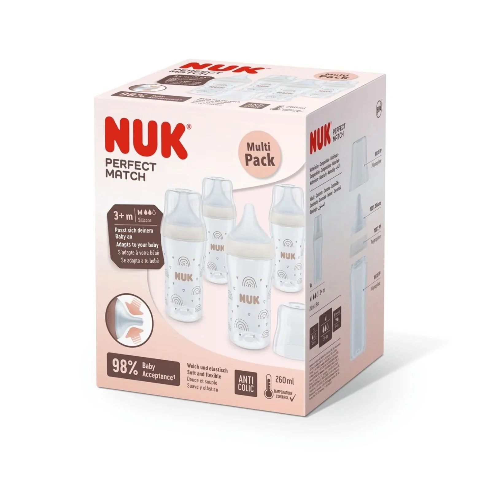 NUK Anti-Colic Perfect Match 260ml Pack of 4 - Rainbow - Image 2