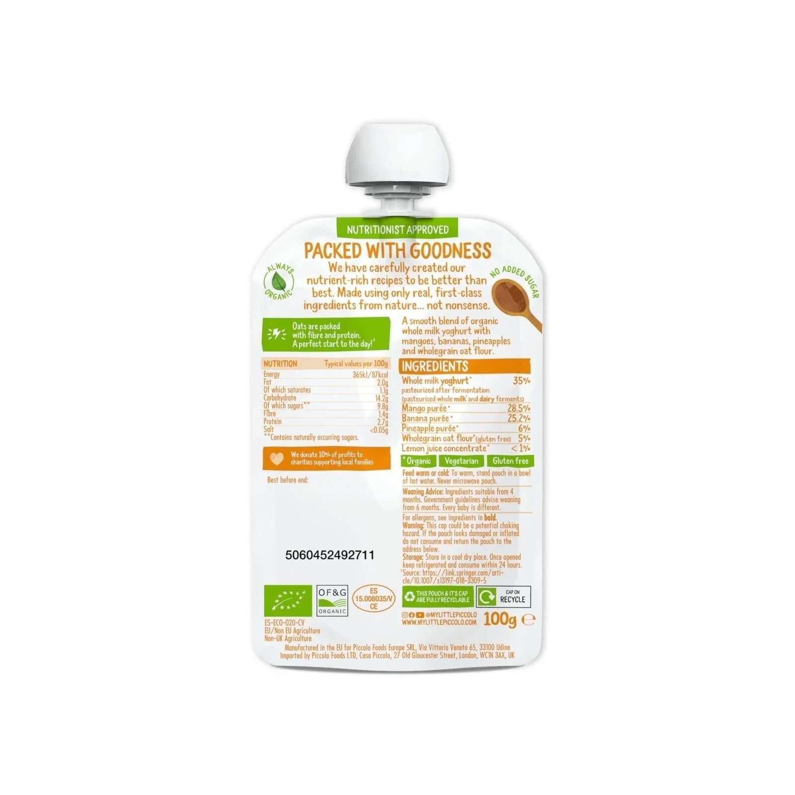 Piccolo Organic Brekkie Mango & Pineapple 6+ months 100g - Image 3