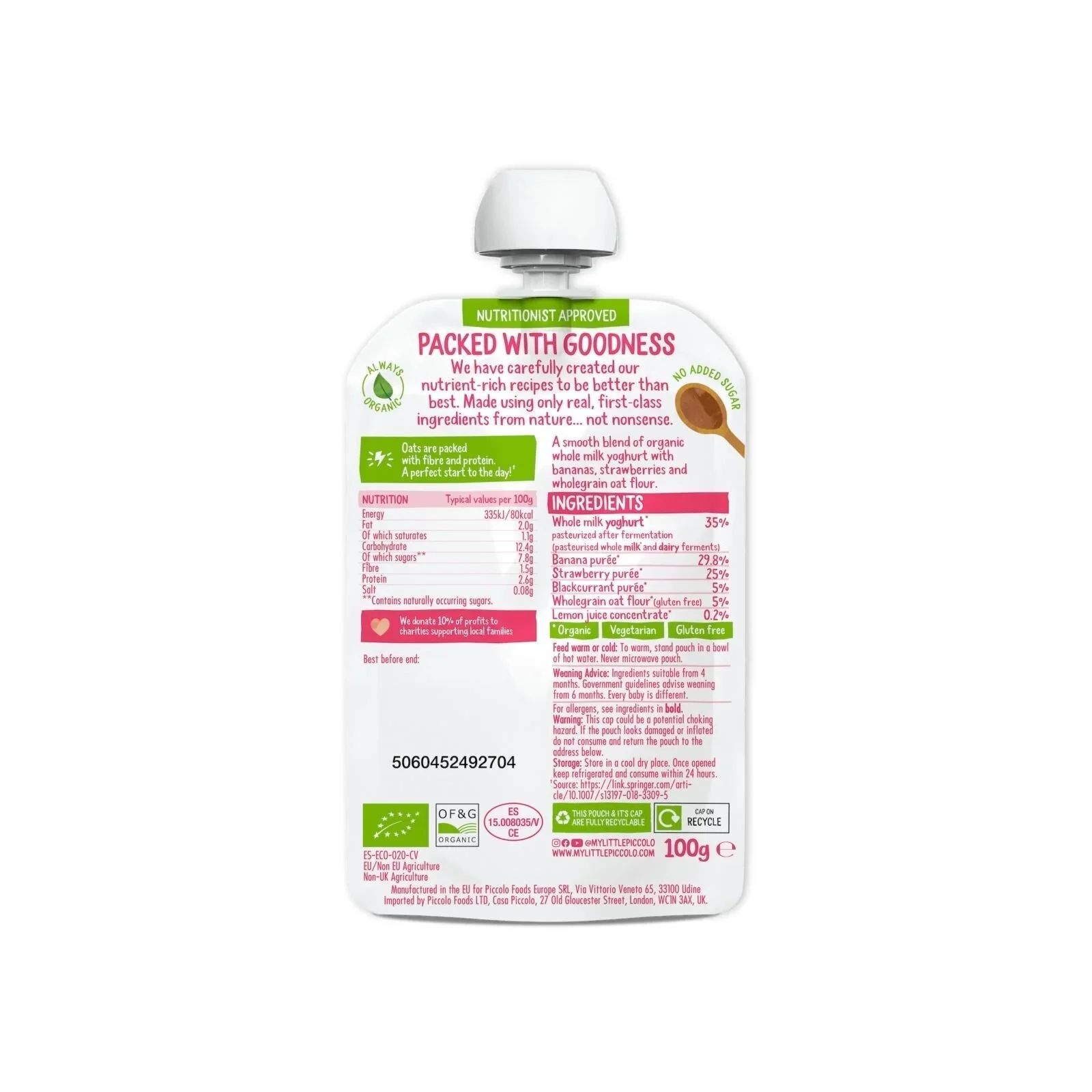 Piccolo Organic Brekkie Strawberry & Banana 6+ months 100g - Image 3