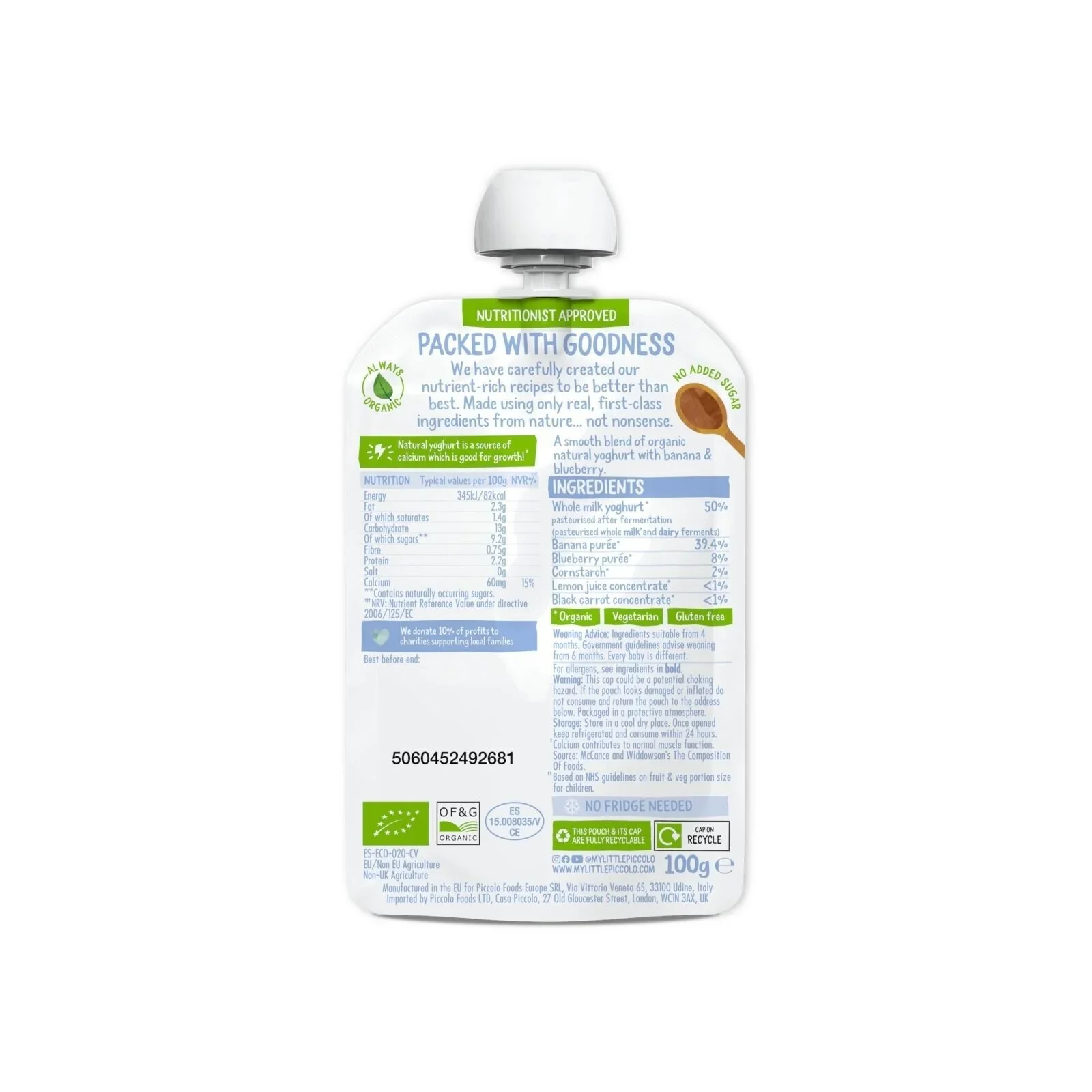 Piccolo Organic Natural Yoghurt Blueberry & Banana 6+ months 100g - Image 3