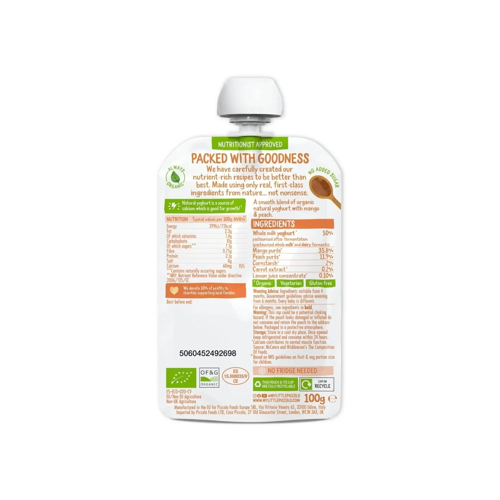 Piccolo Organic Natural Yoghurt Mango & Peach 6+ months 100g - Image 3