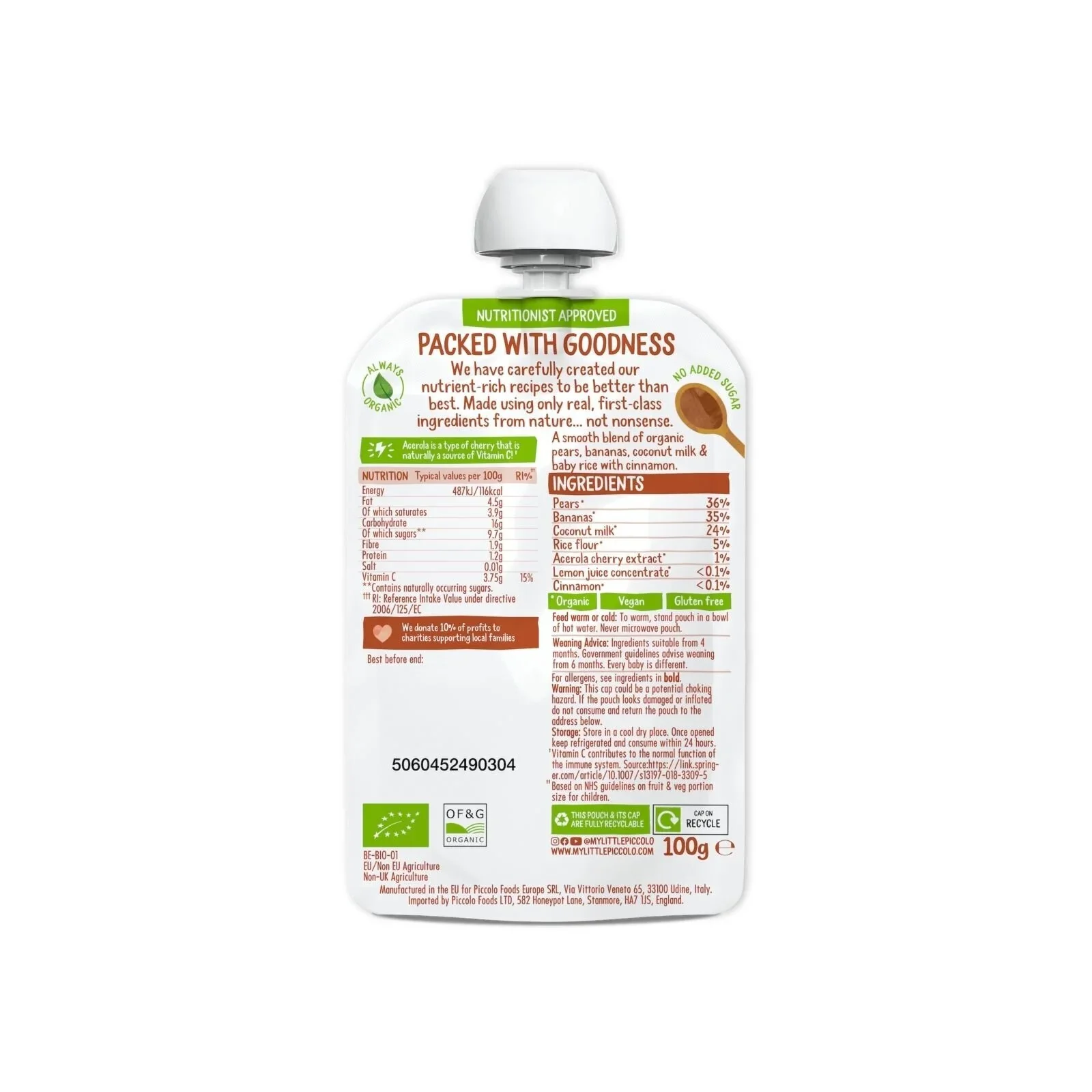 Piccolo Organic Pear Banana Coconut Milk & Baby Rice 4+ months 100g - Image 3