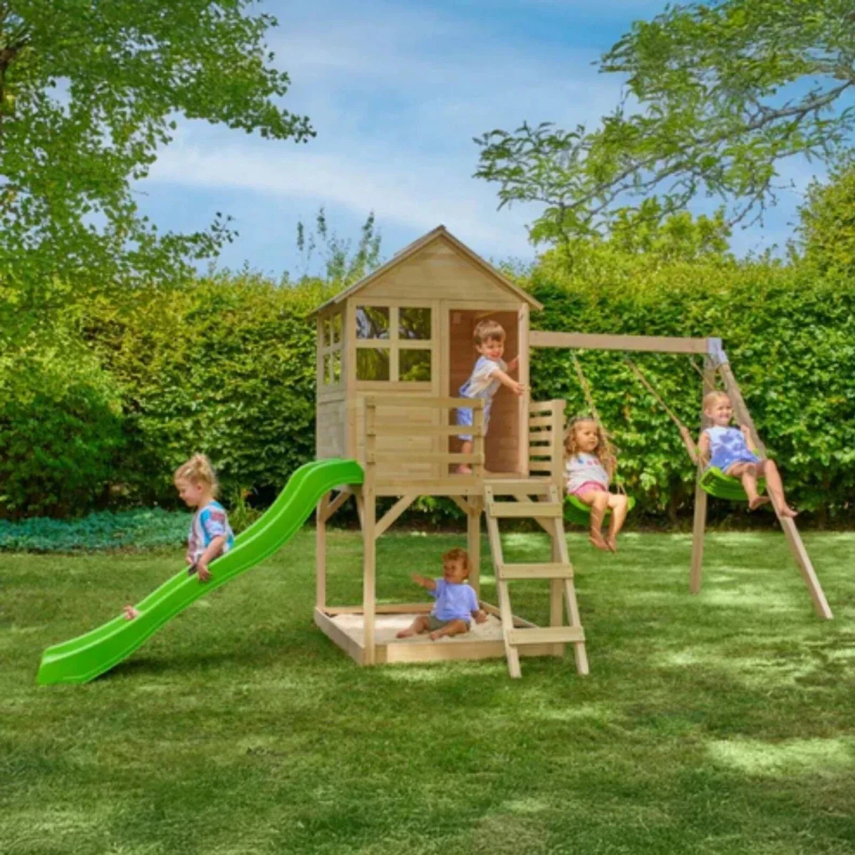 TP Buttercup Wooden Playhouse with Deck Slide & Double Swing Arm - Image 2