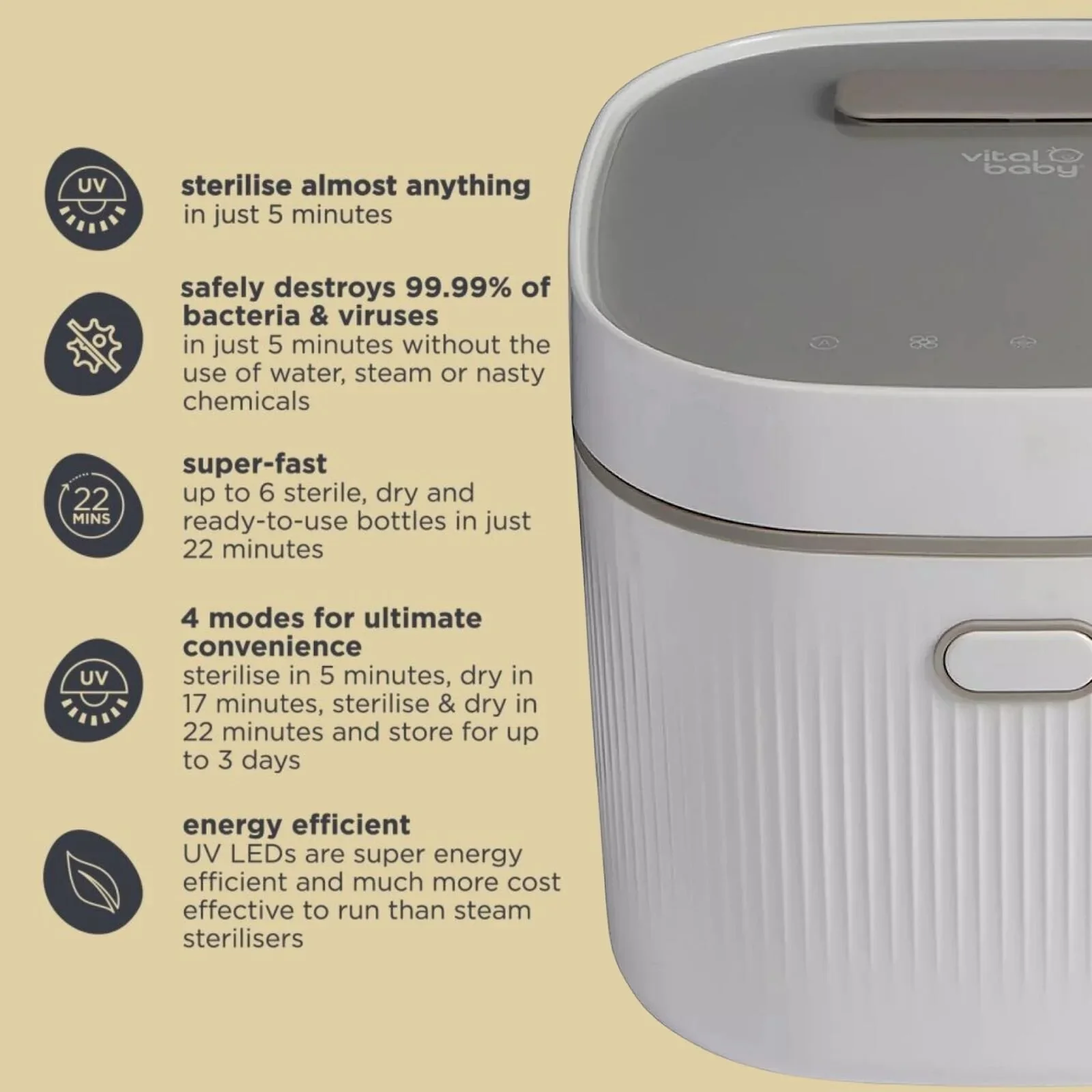 Vital Baby Advanced Pro UV Steriliser & Dryer (3rd Gen) - Arctic White - Image 4