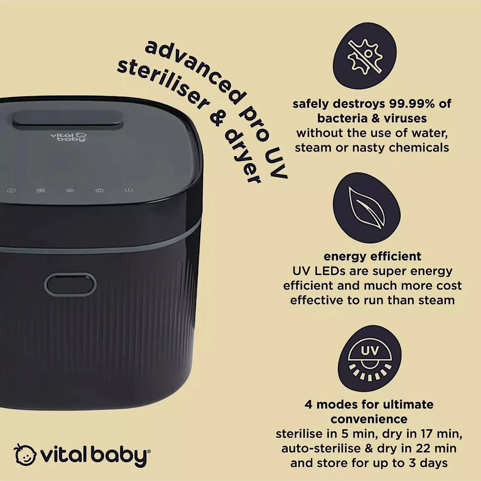 Vital Baby Advanced Pro UV Steriliser & Dryer (3rd Gen) - Onyx Black - Image 5