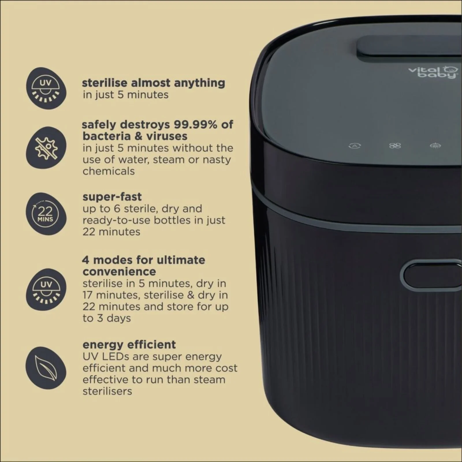 Vital Baby Advanced Pro UV Steriliser & Dryer (3rd Gen) - Onyx Black - Image 6