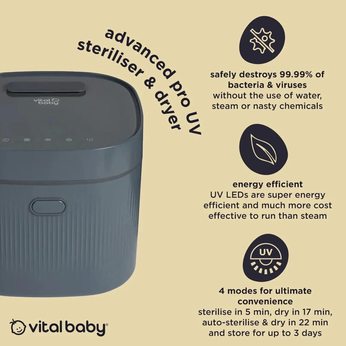 Vital Baby Advanced Pro UV Steriliser & Dryer (3rd Gen) - Smoky Blue - Image 6