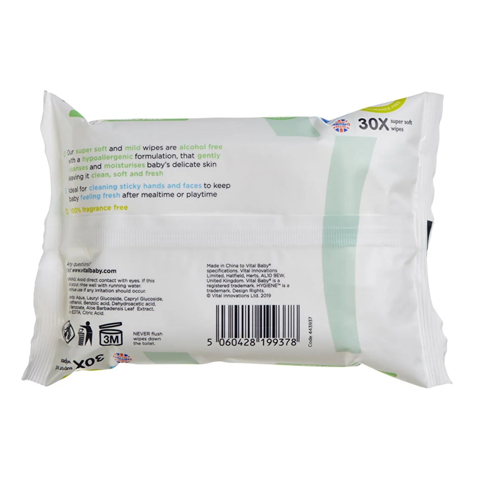 Vital Baby Hygiene Super Soft Hand & Face Wipes Fragrance Free 30 pcs - Image 4