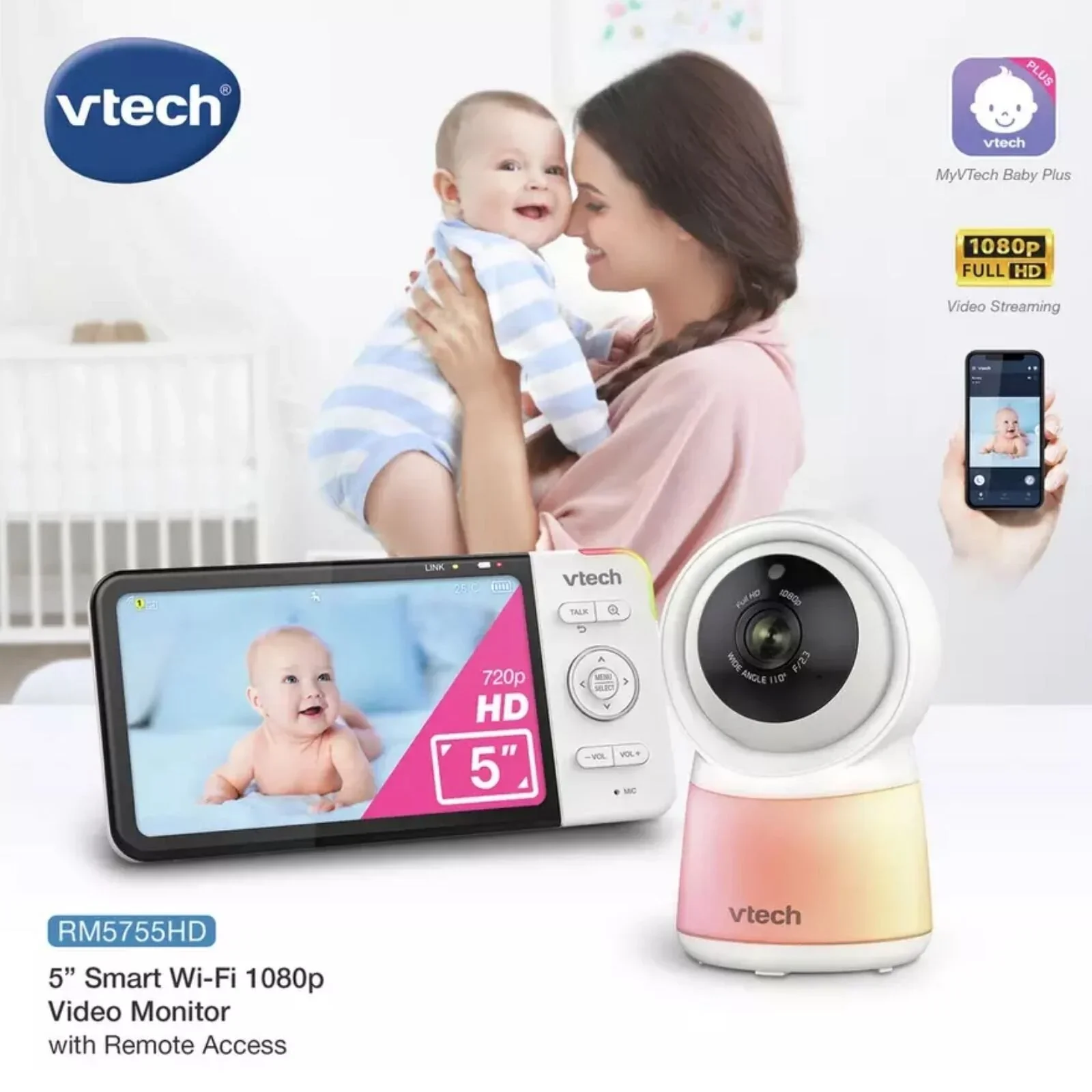 VTech RM5755HD 5" Smart Wi-Fi 1080p Video Baby Monitor - Image 8