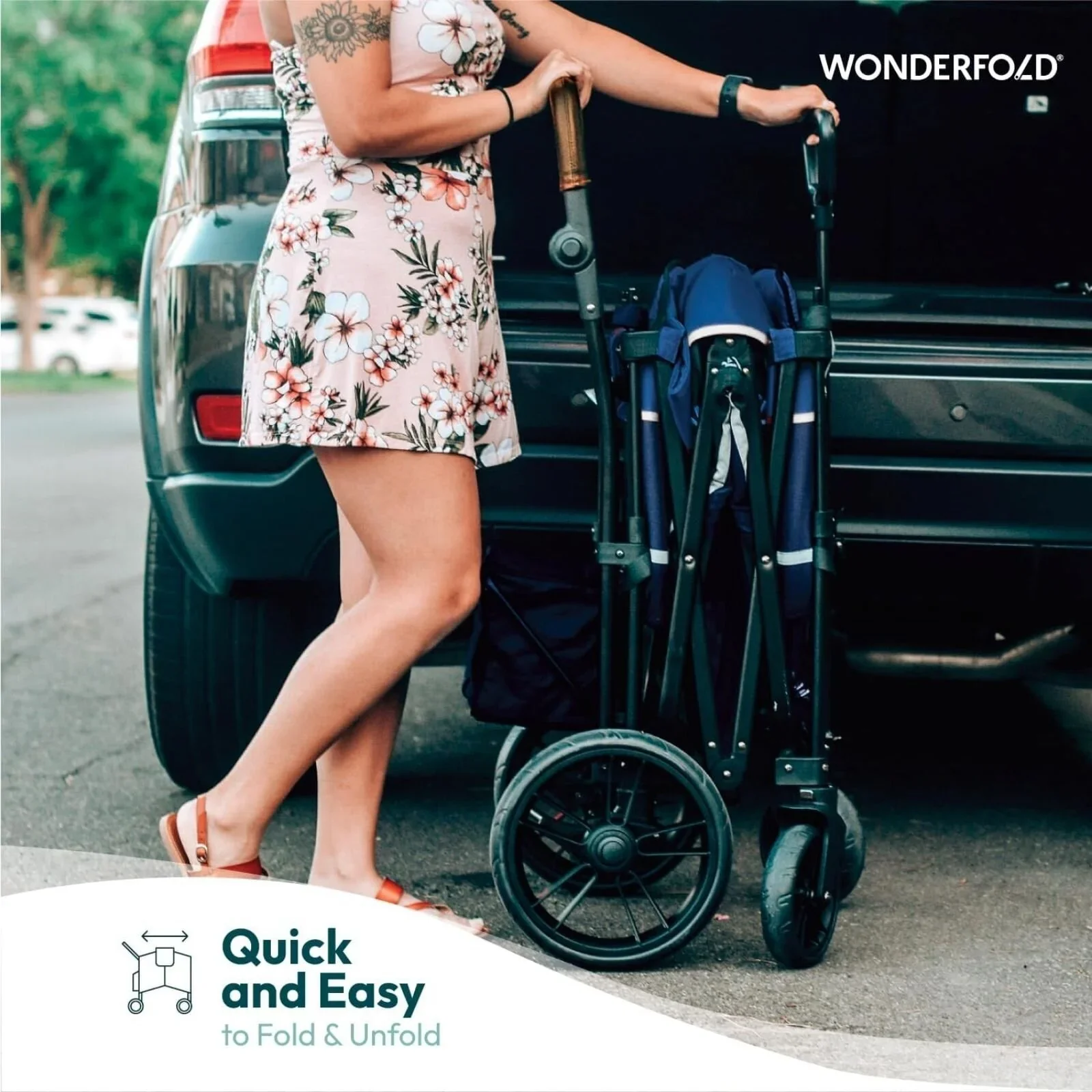 Wonderfold X2R Push & Pull Quad Stroller Wagon - Sapphire Navy - Image 10
