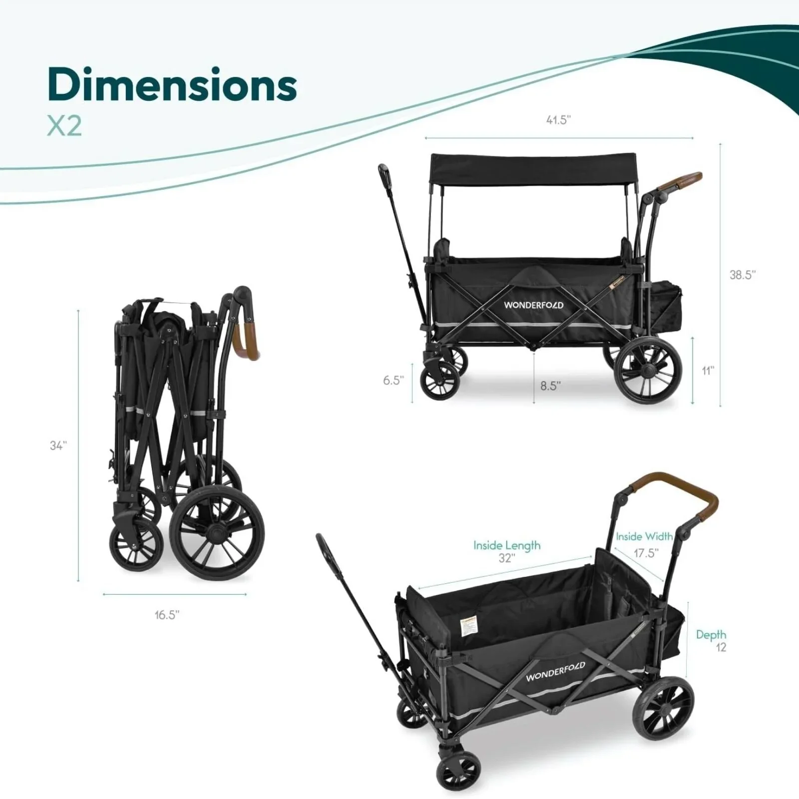 Wonderfold X2R Push & Pull Quad Stroller Wagon - Black - Image 18