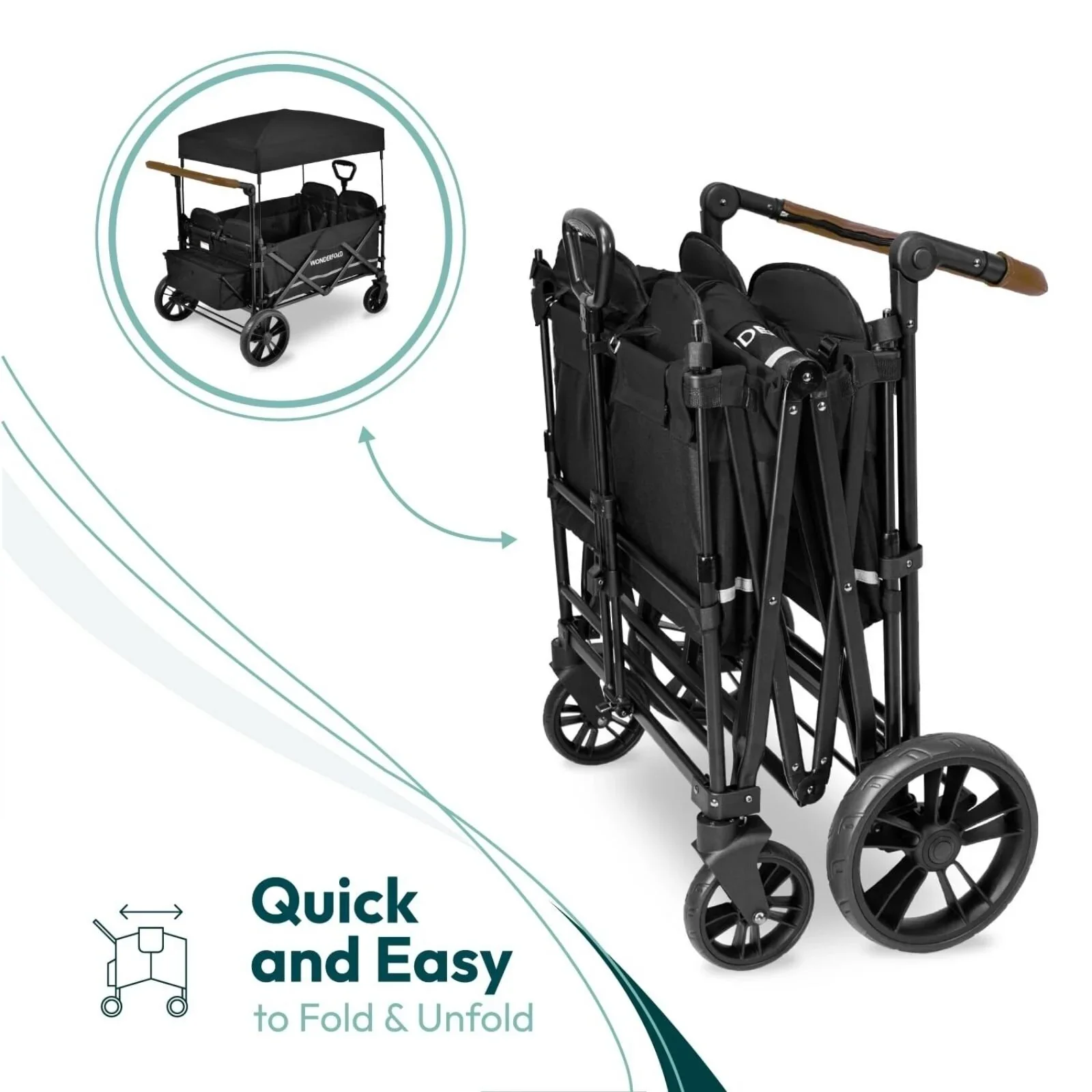 Wonderfold X4R Push and Pull Quad Stroller Wagon - Black - Image 10