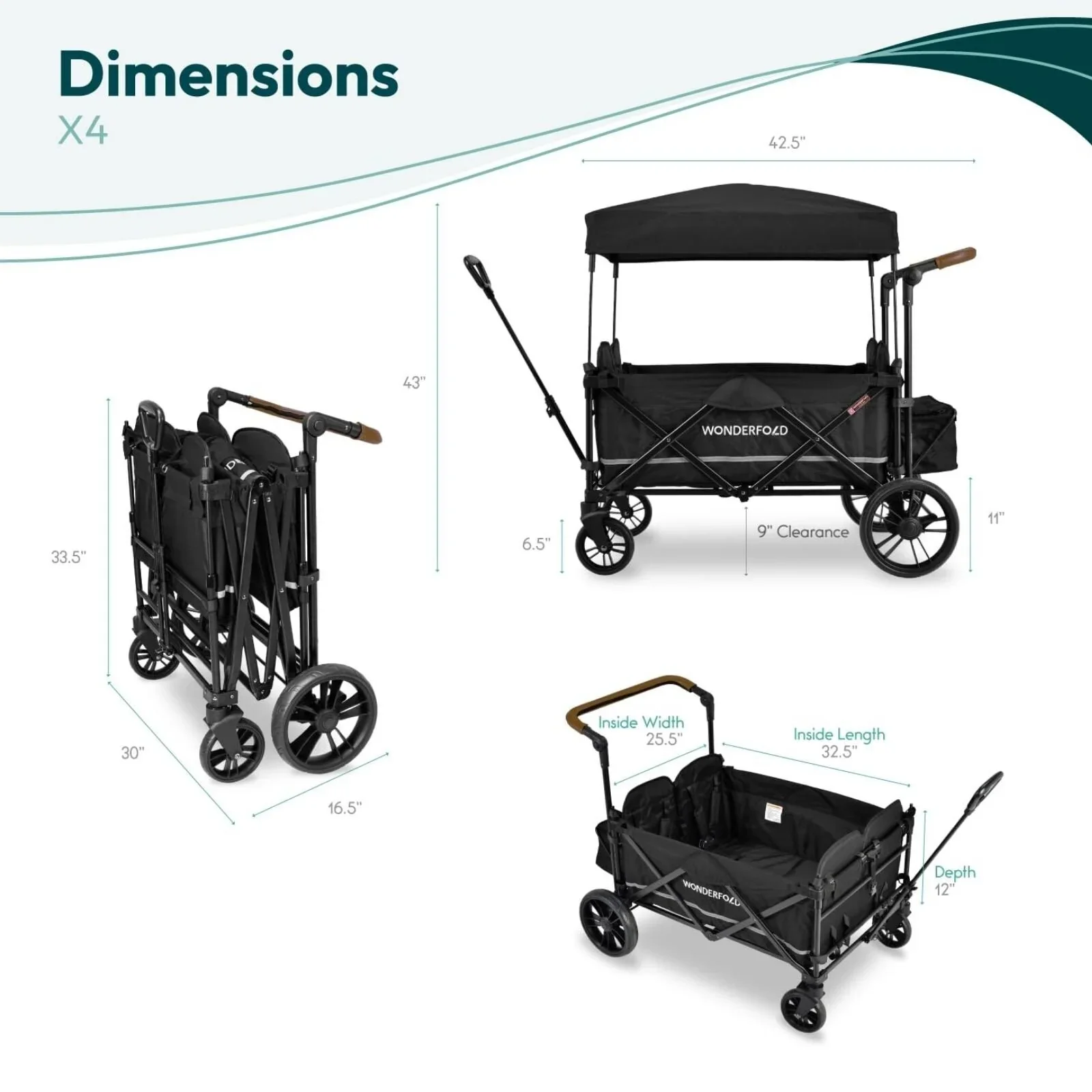 Wonderfold X4R Push and Pull Quad Stroller Wagon - Black - Image 13