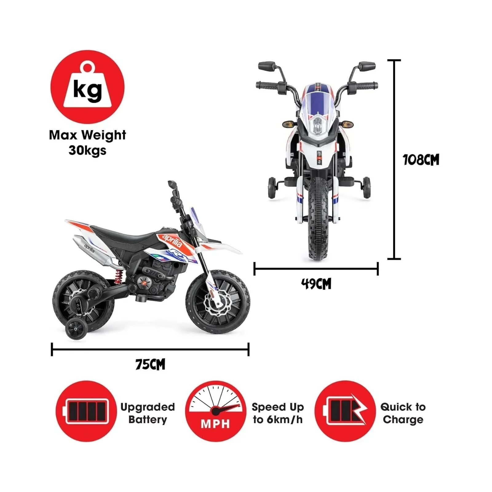 Xootz Aprilia 12V Electric Motorbike Ride On with Lithium Battery - White - Image 6