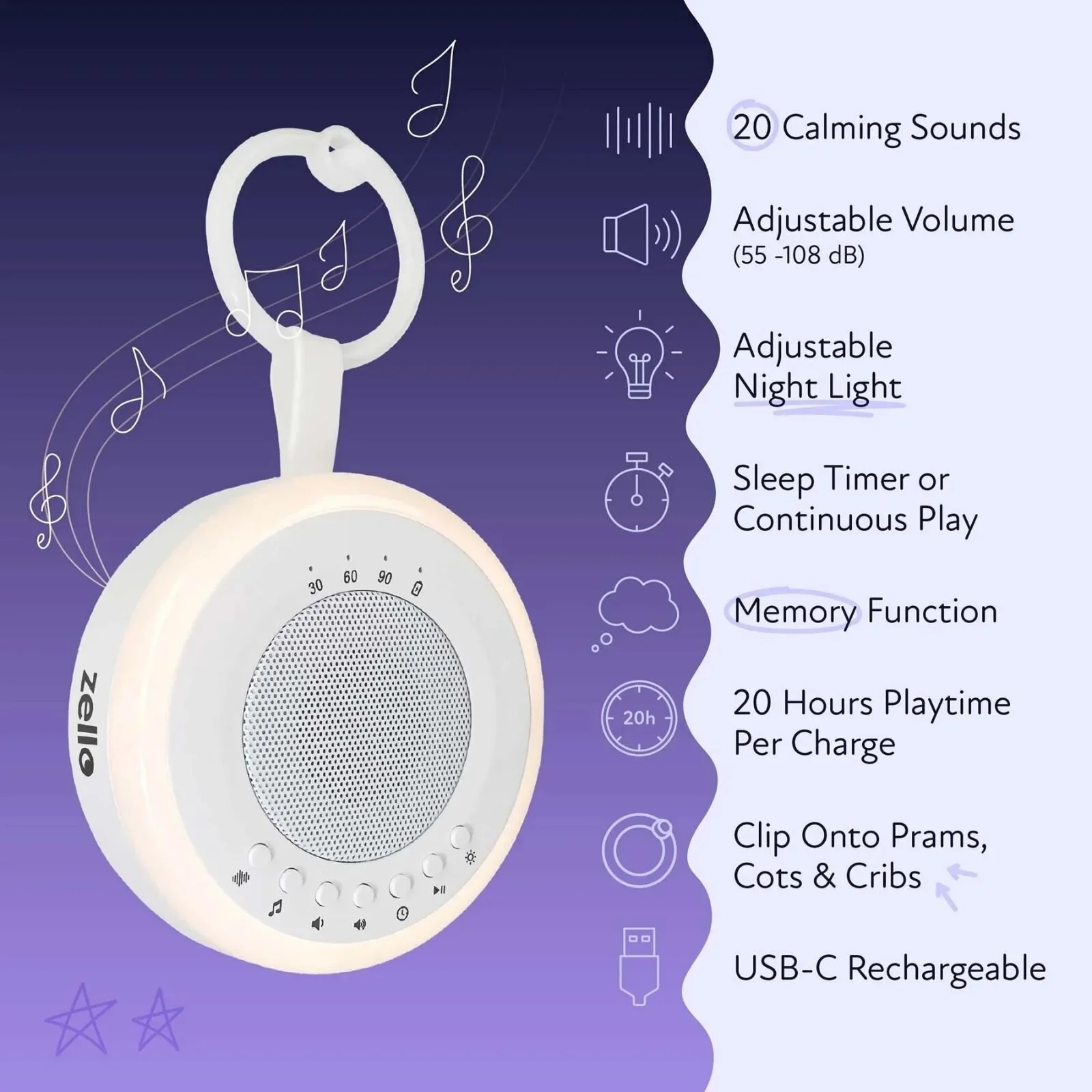 Zello Portable White Noise Machine & Nightlight Baby Sleep Aid - Image 3
